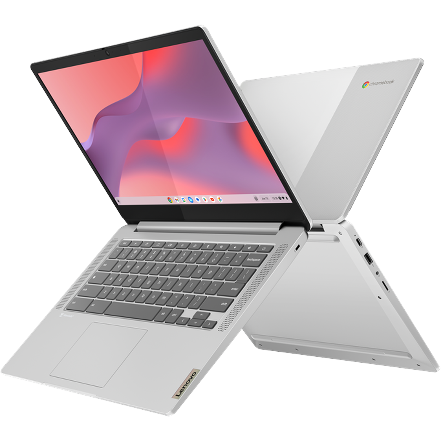 Een open zilveren Lenovo Chromebook met kleurrijke achtergrond op het scherm.