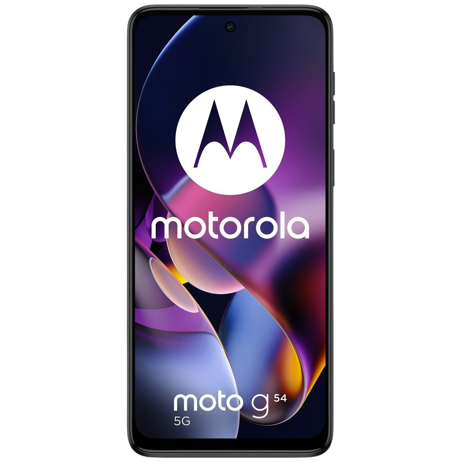 Un smartphone Motorola Moto G54 5G noir avec un fond coloré.