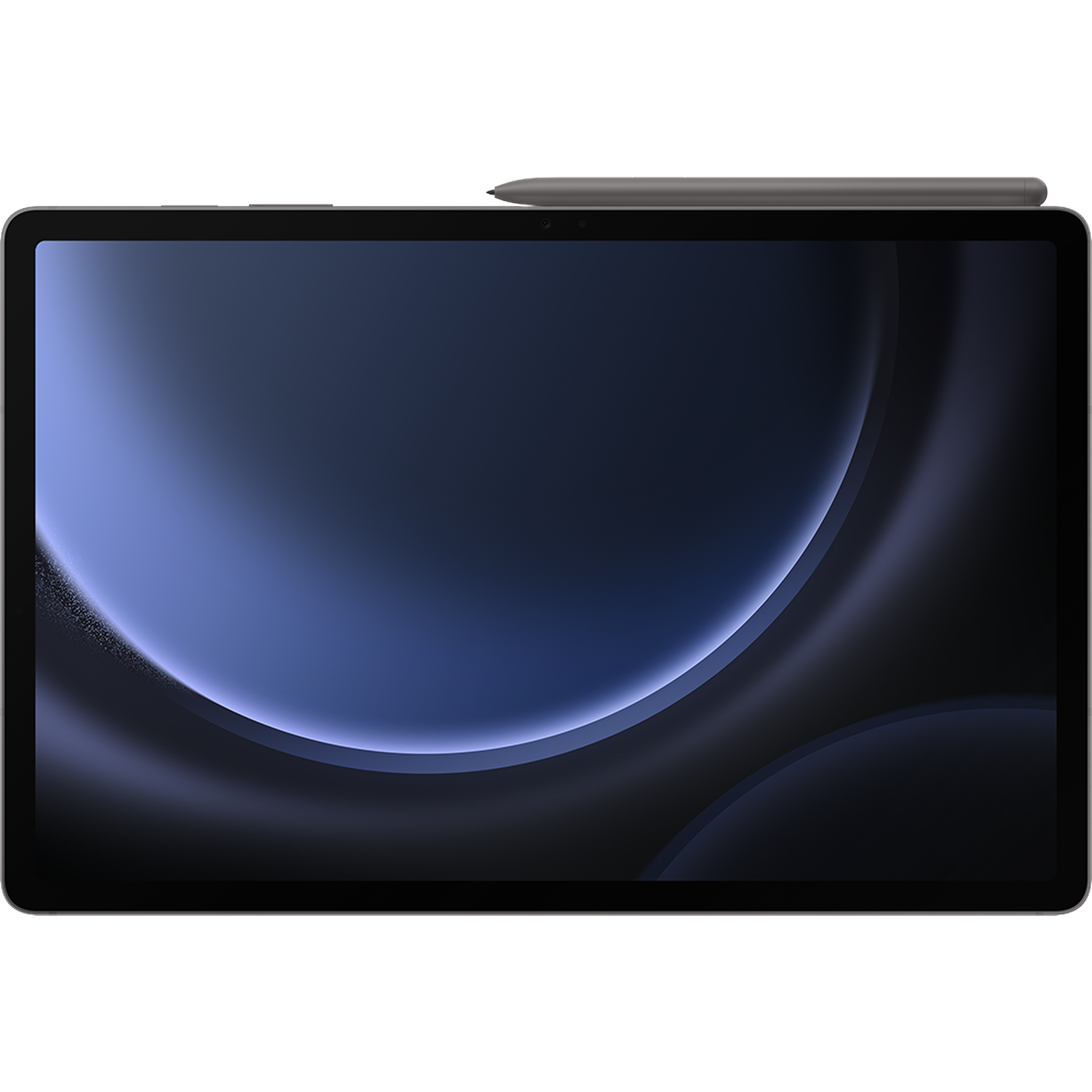 Een grijze stylus rust op een donkere tablet met blauwe achtergrond.
