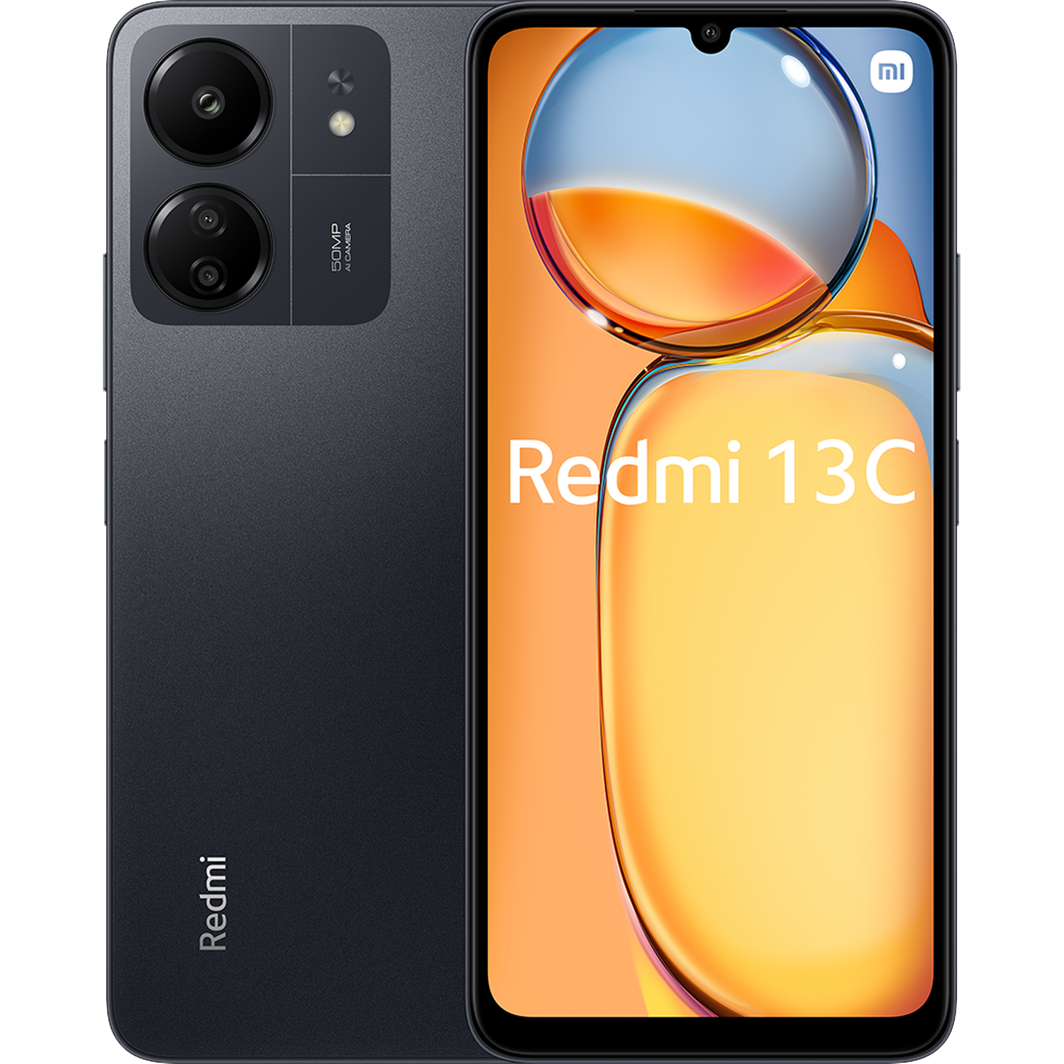 Donkergrijs smartphone met twee camera's en "Redmi 13C" op het scherm.