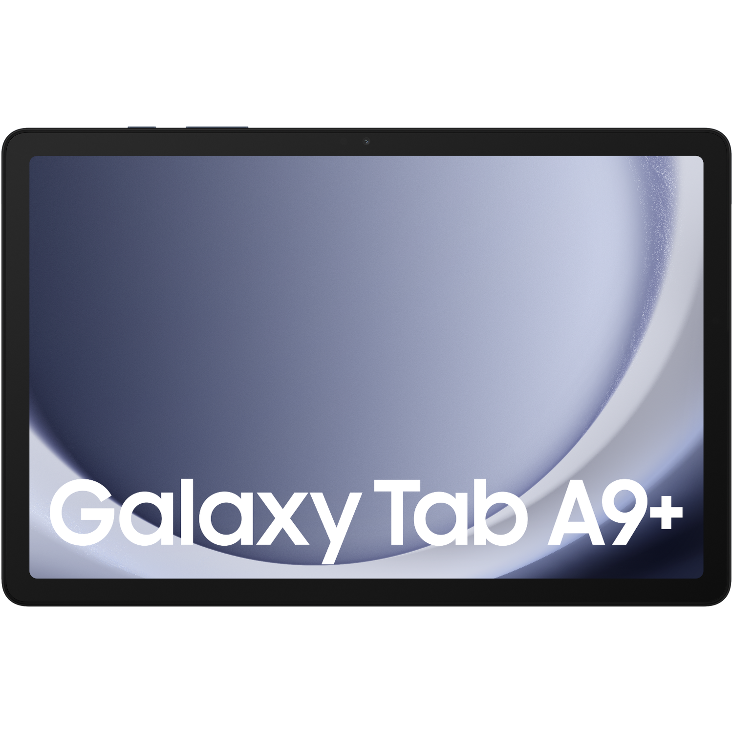 Une tablette noire affichant le texte Galaxy Tab A9+ sur son écran.