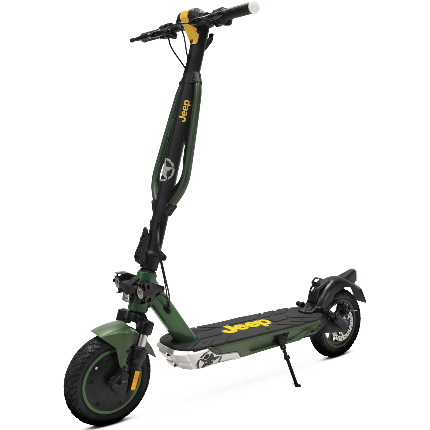 Un scooter électrique Jeep vert avec logo Jeep jaune sur le plateau et le guidon.