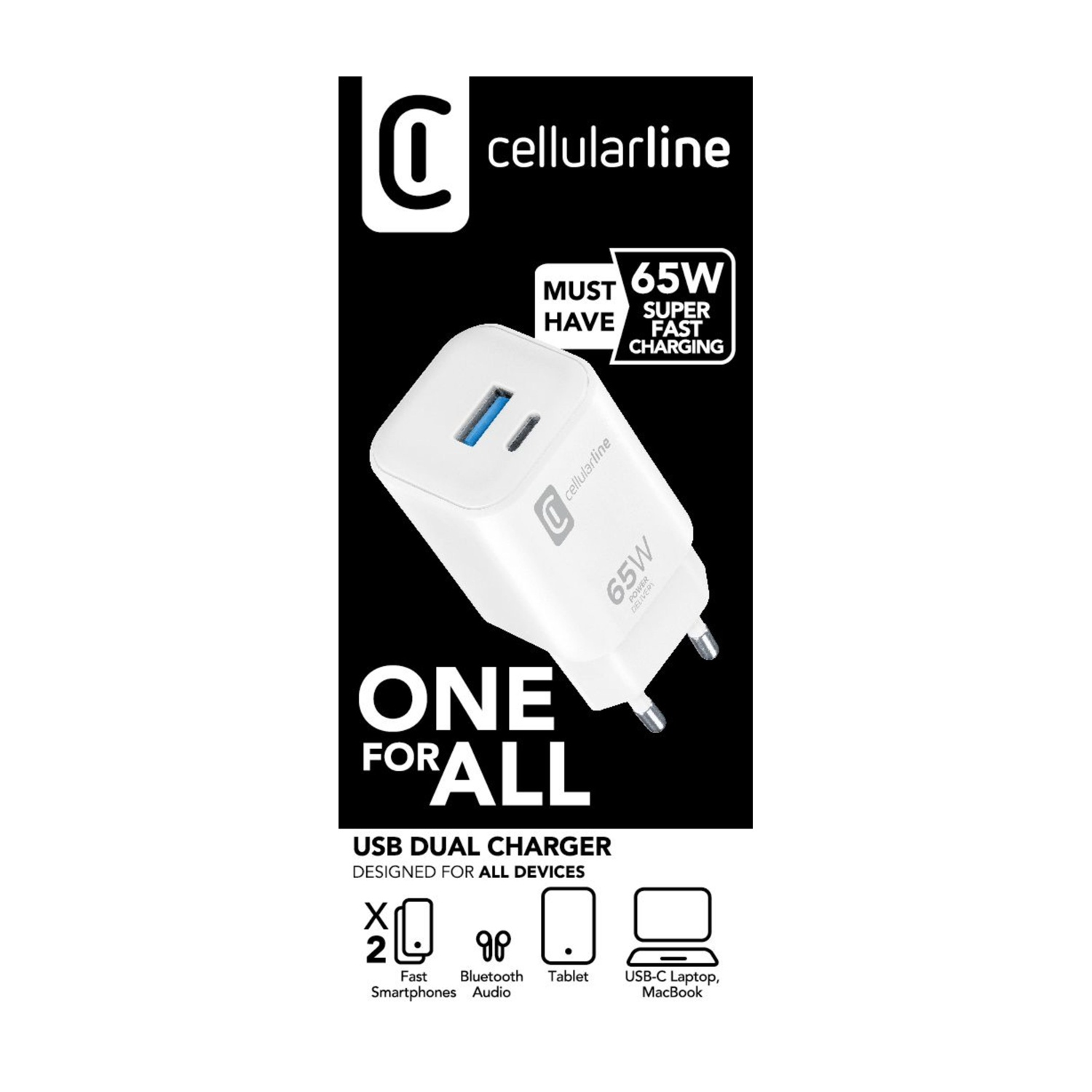 Caricatore doppio USB bianco Cellularline 65W con porta USB blu. Testo: ONE FOR ALL.