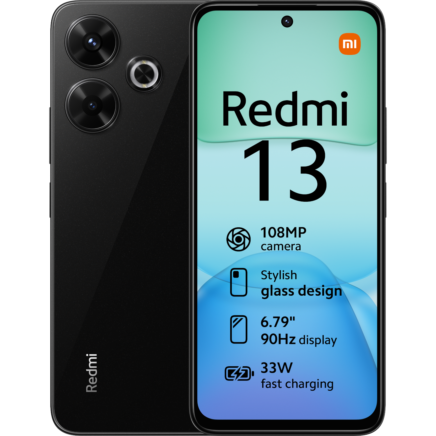Smartphone Redmi 13 noir avec appareil photo 108MP, design en verre, écran 6,79 pouces.