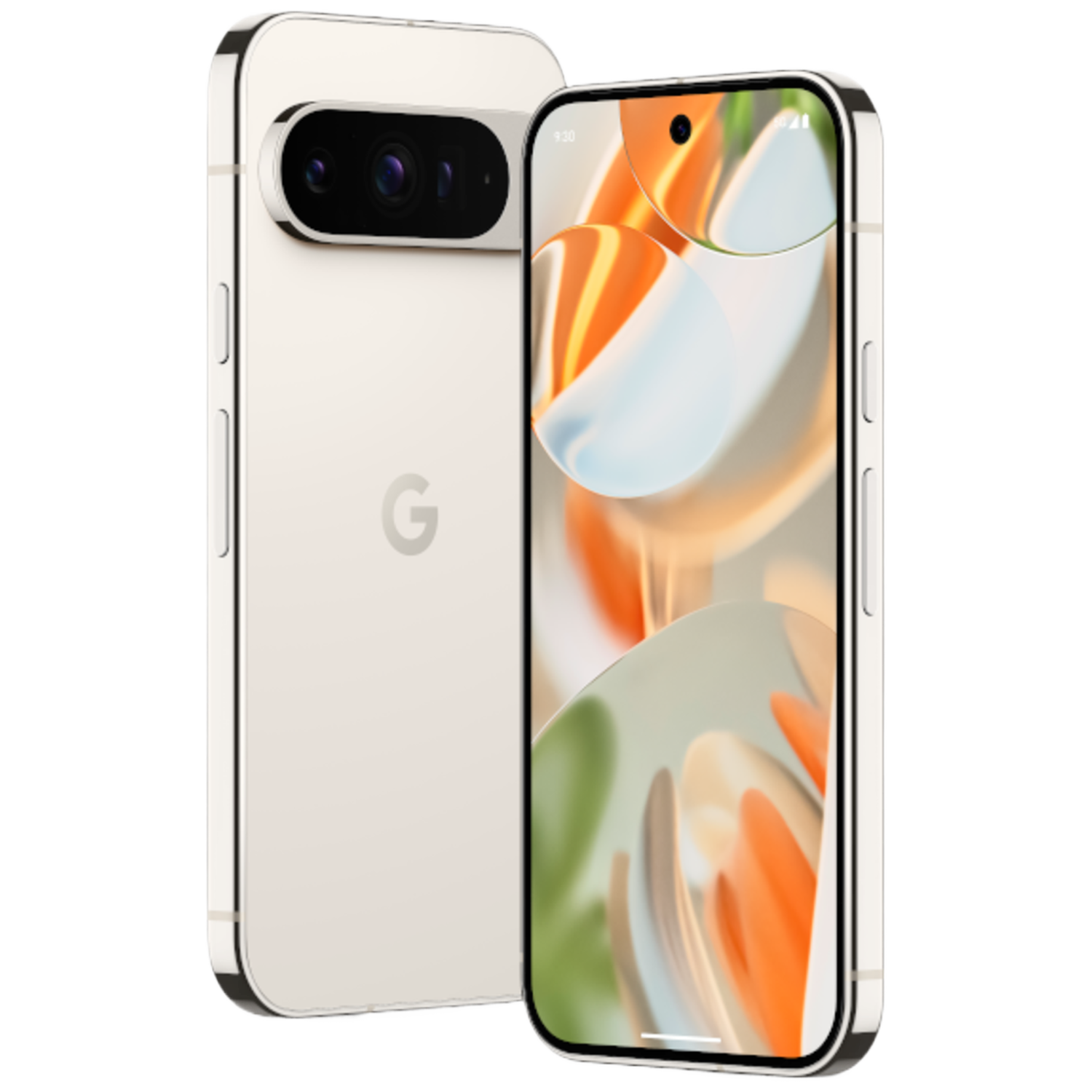 Deux téléphones Google Pixel beiges, l'un montrant l'appareil photo, l'autre l'écran.