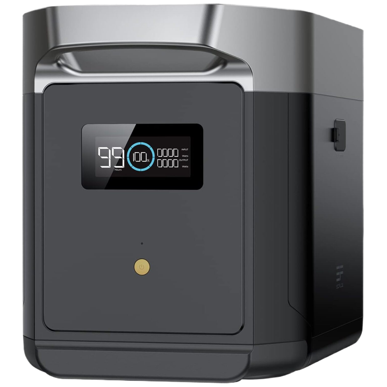 Une station d'énergie portable rectangulaire sombre avec un écran numérique indiquant 99 heures et 100 % de charge.