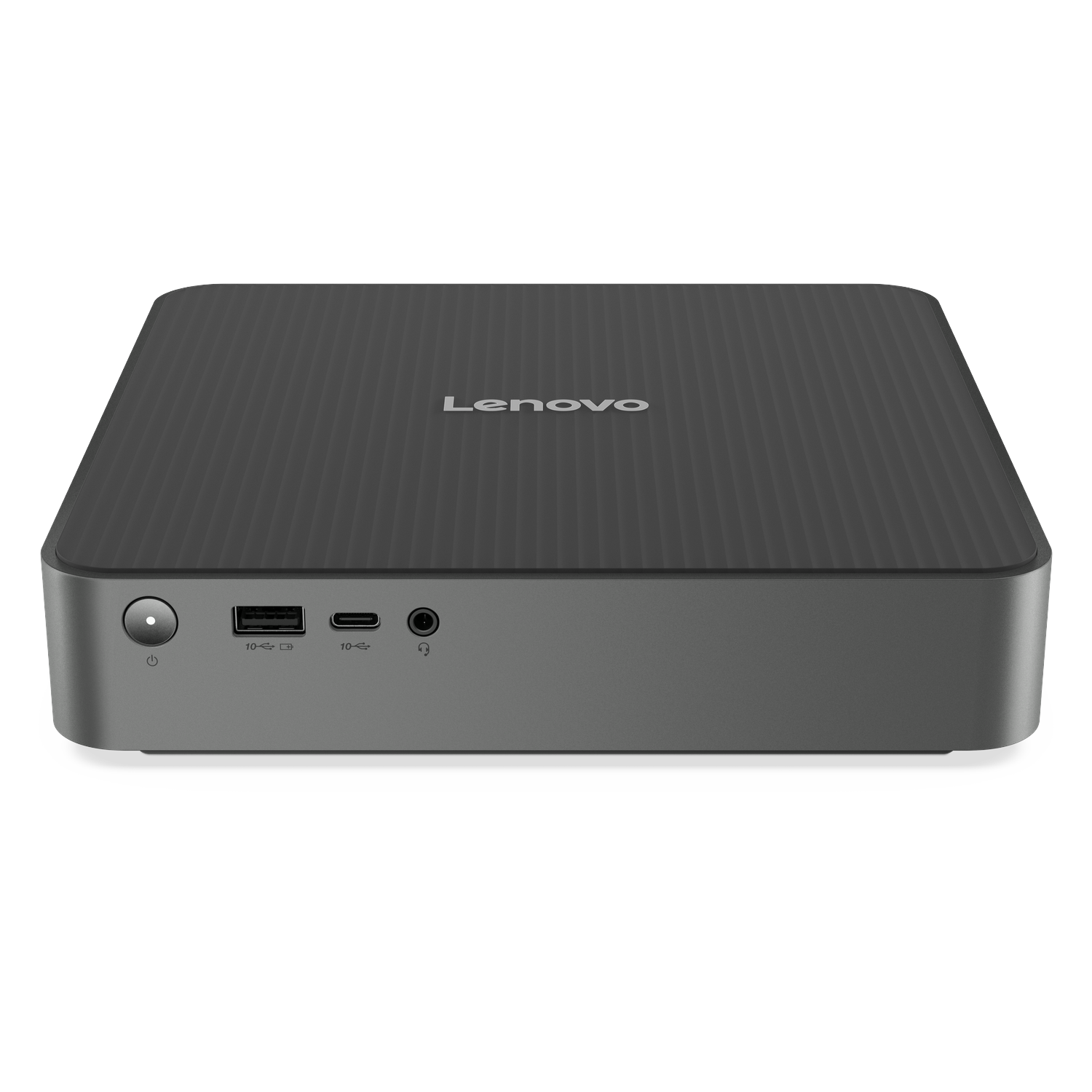 Un mini PC Lenovo gris avec ports frontaux : alimentation, USB, USB-C, prise audio.