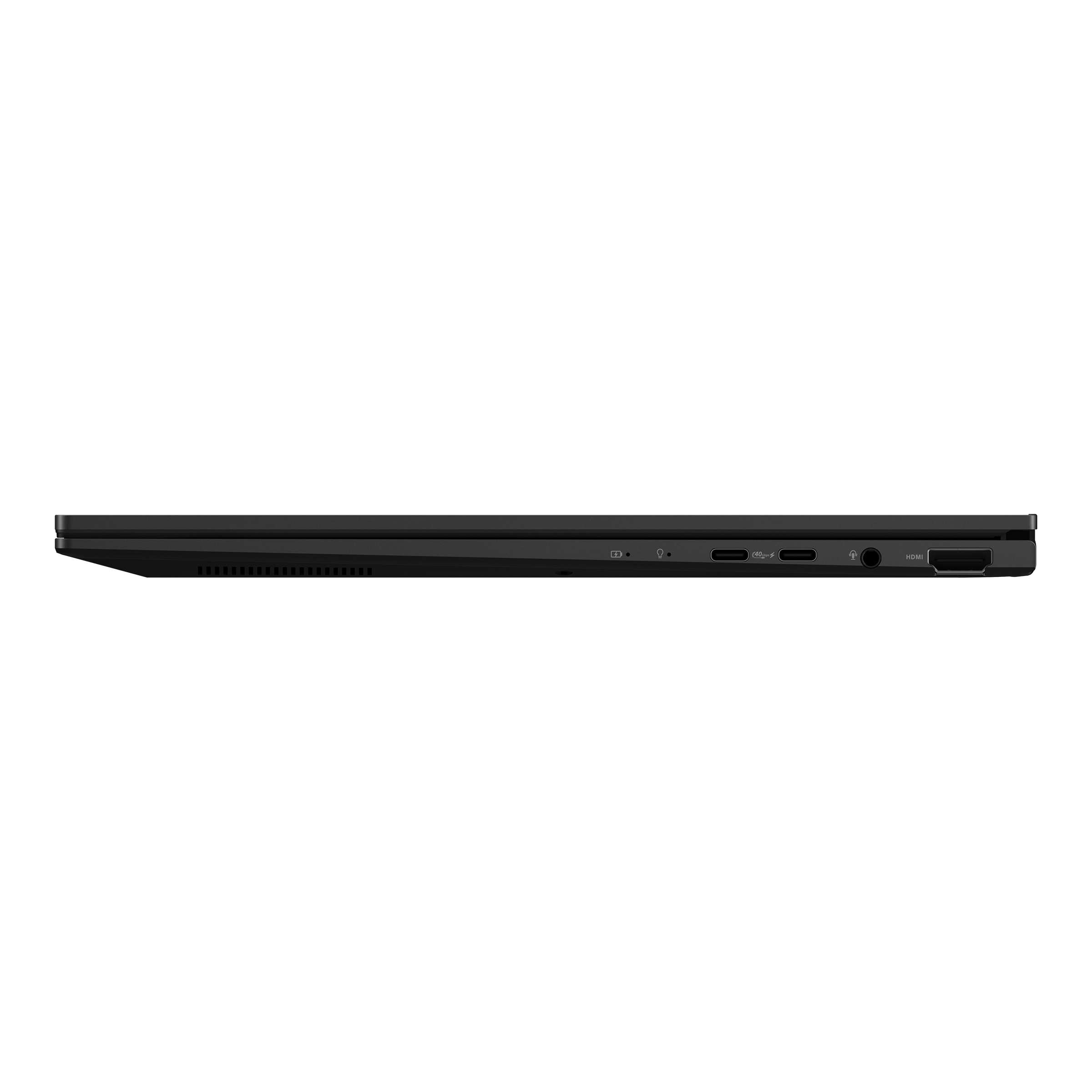 Seitenansicht eines dünnen schwarzen Laptops mit Anschlüssen: USB-C, Audio, HDMI.