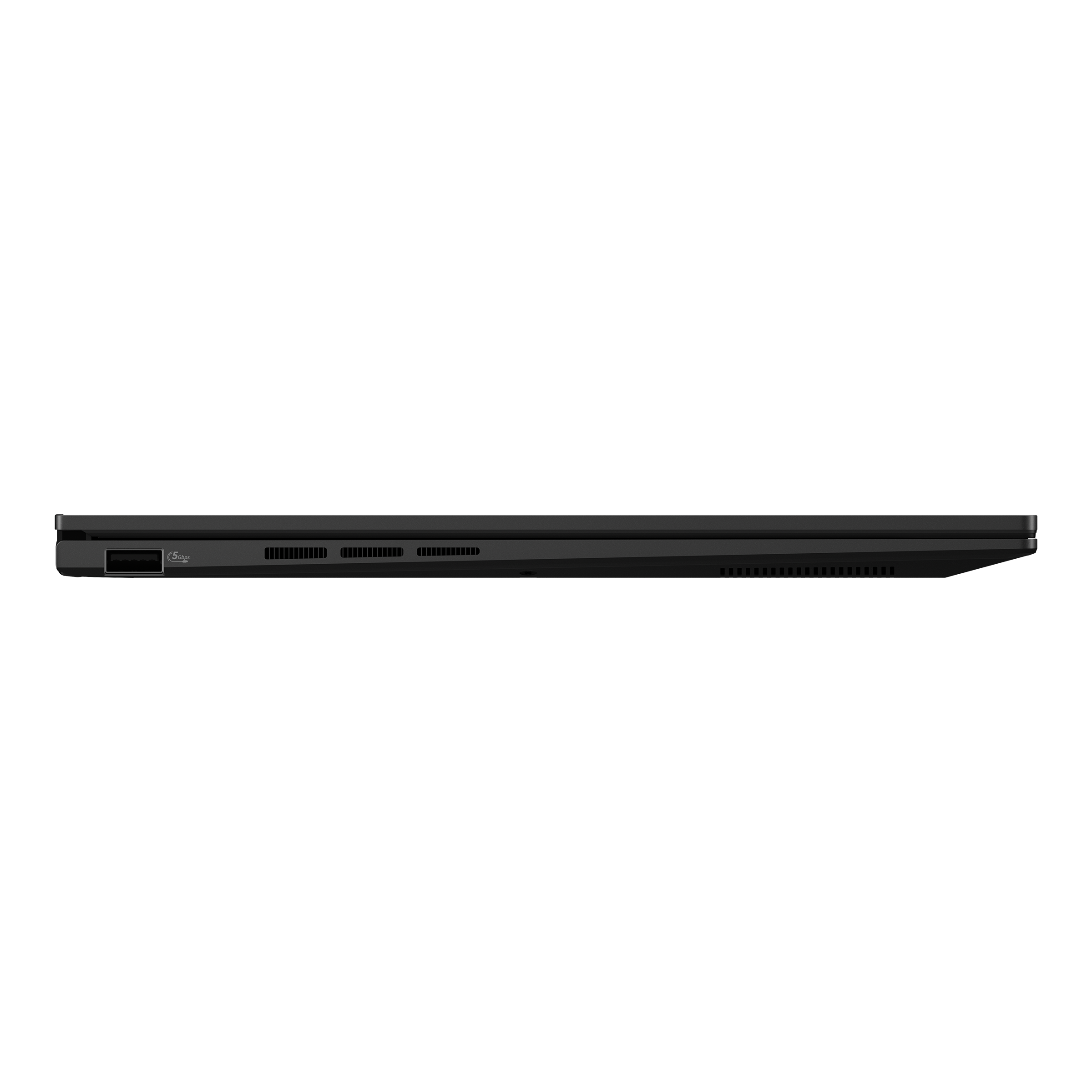 Schwarzer Laptop-Seite mit USB-Anschluss und Lüftungsschlitzen.