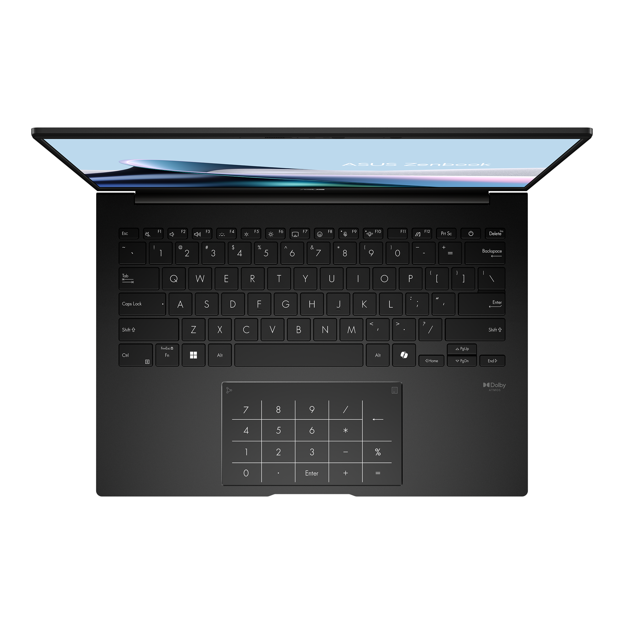 Eine schwarze ASUS Zenbook Laptop-Tastatur mit beleuchtetem Nummernblock.