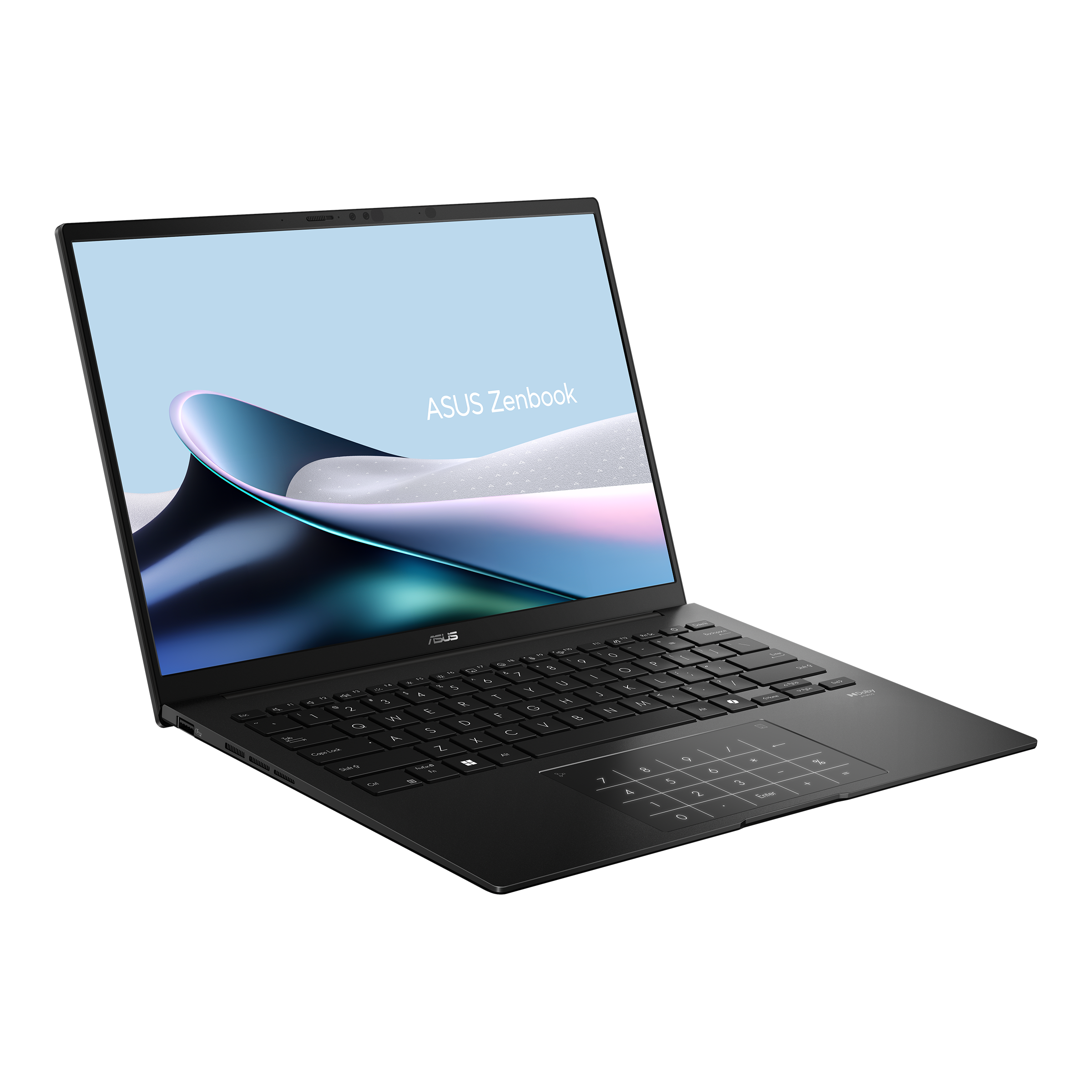 Ein schwarzer Asus Zenbook Laptop mit beleuchteter Tastatur auf schwarzem Hintergrund.