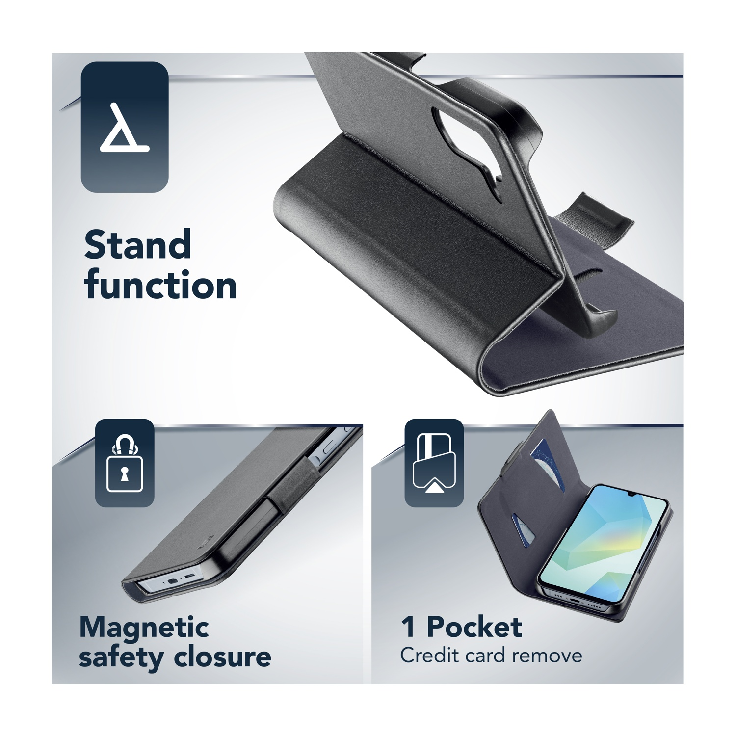 Custodia nera per telefono con funzione stand, chiusura magnetica e porta carte.
