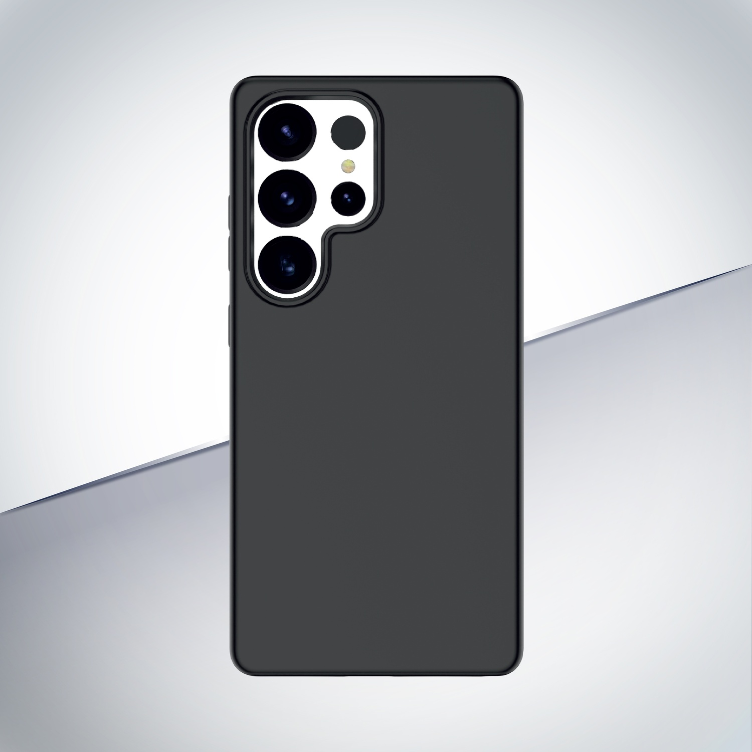 Telefono grigio scuro con array fotocamere in alto a sinistra su sfondo grigio.
