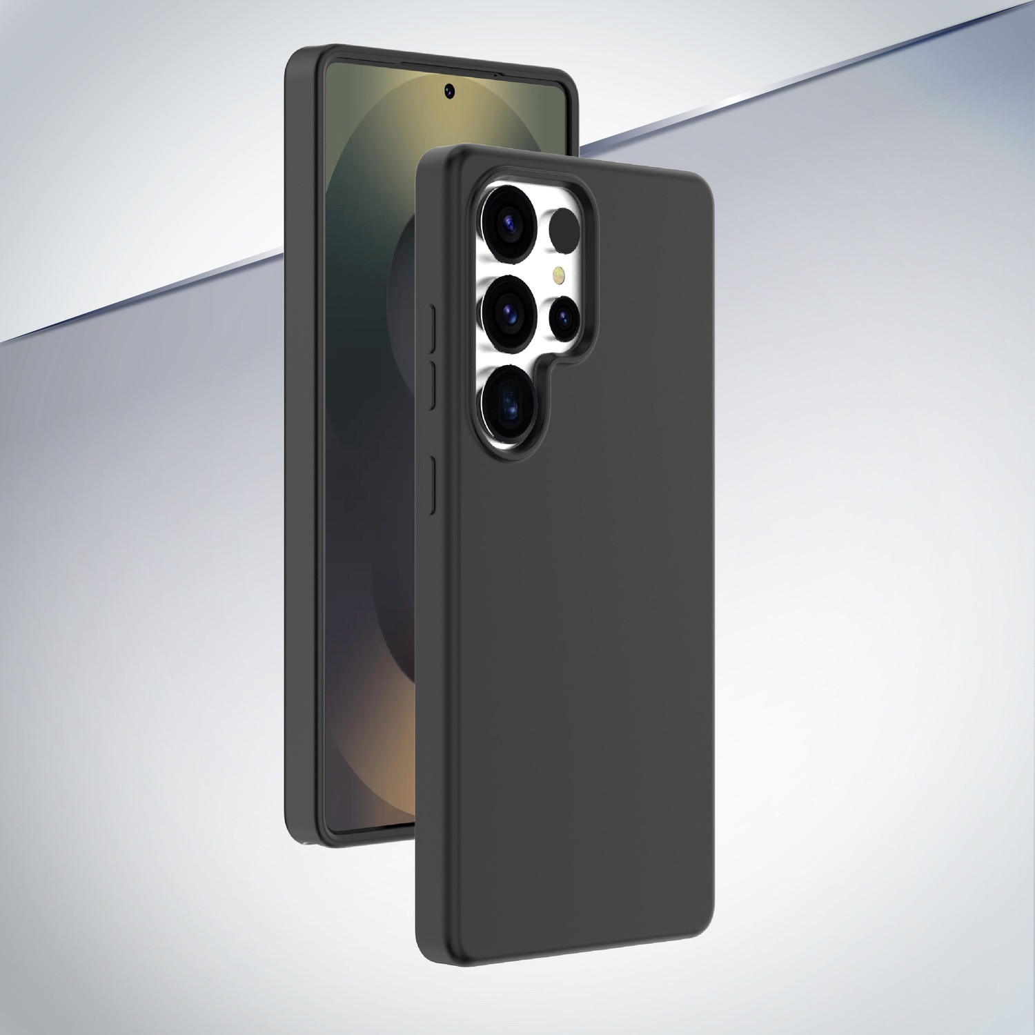 Uno smartphone nero con custodia che copre le fotocamere, su sfondo grigio.