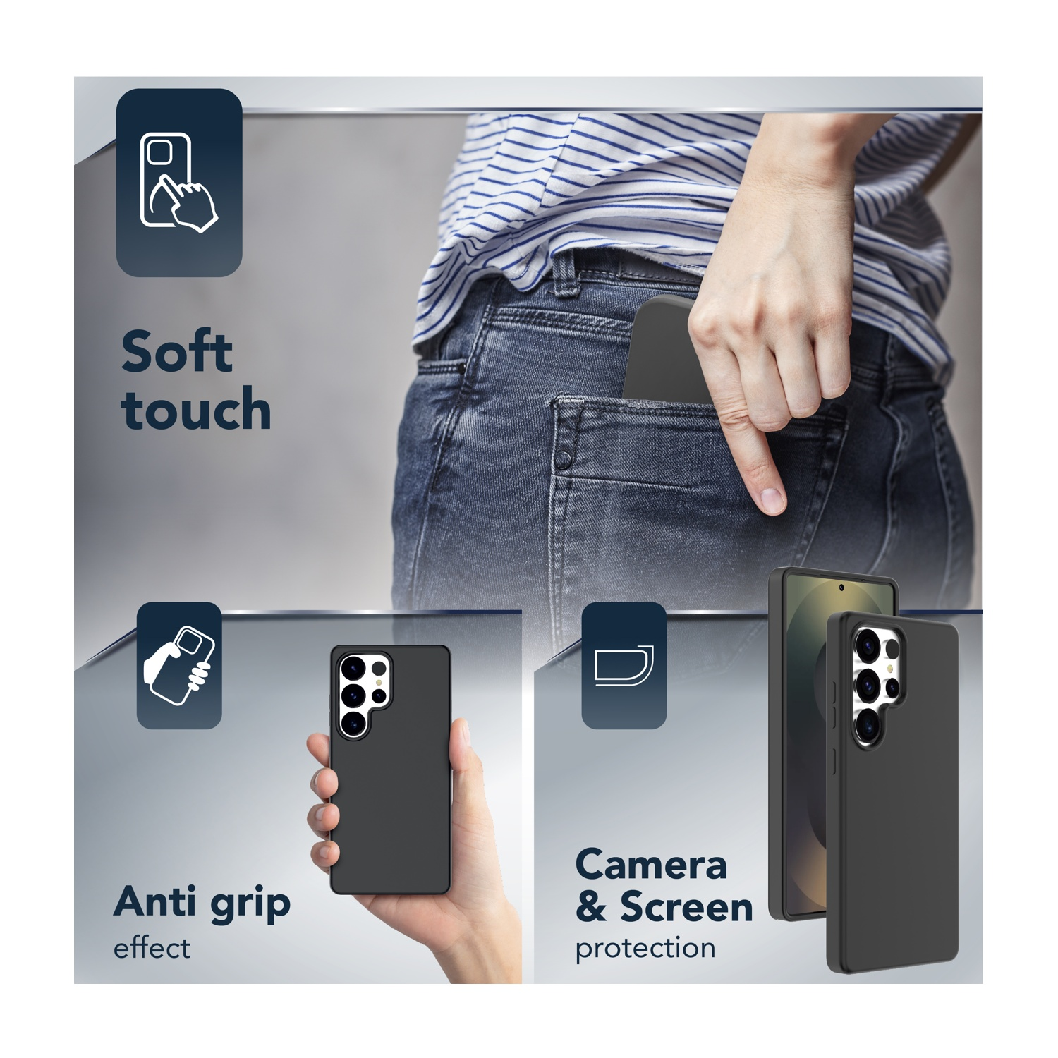 Custodia nera per telefono con protezione fotocamera e tocco morbido.