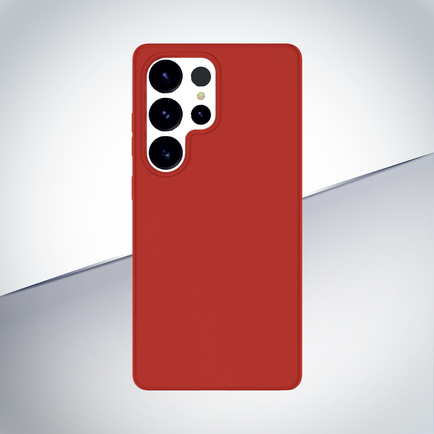 Cover rossa per telefono con un prominente modulo fotocamera posteriore.