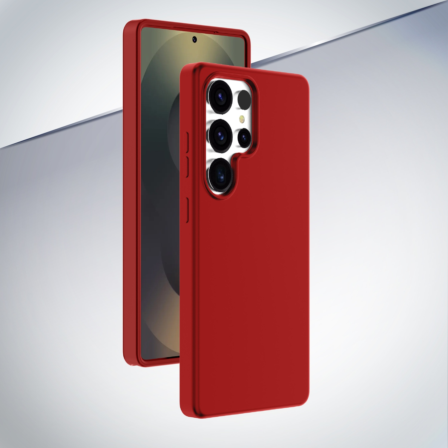 Una cover rossa per telefono con unità fotocamera a quattro lenti.