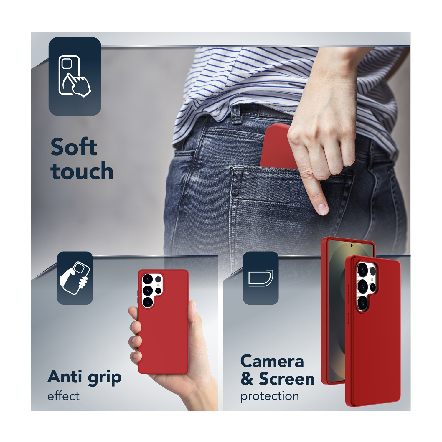 Custodia rossa per telefono con soft touch, anti-grip e protezione fotocamera.