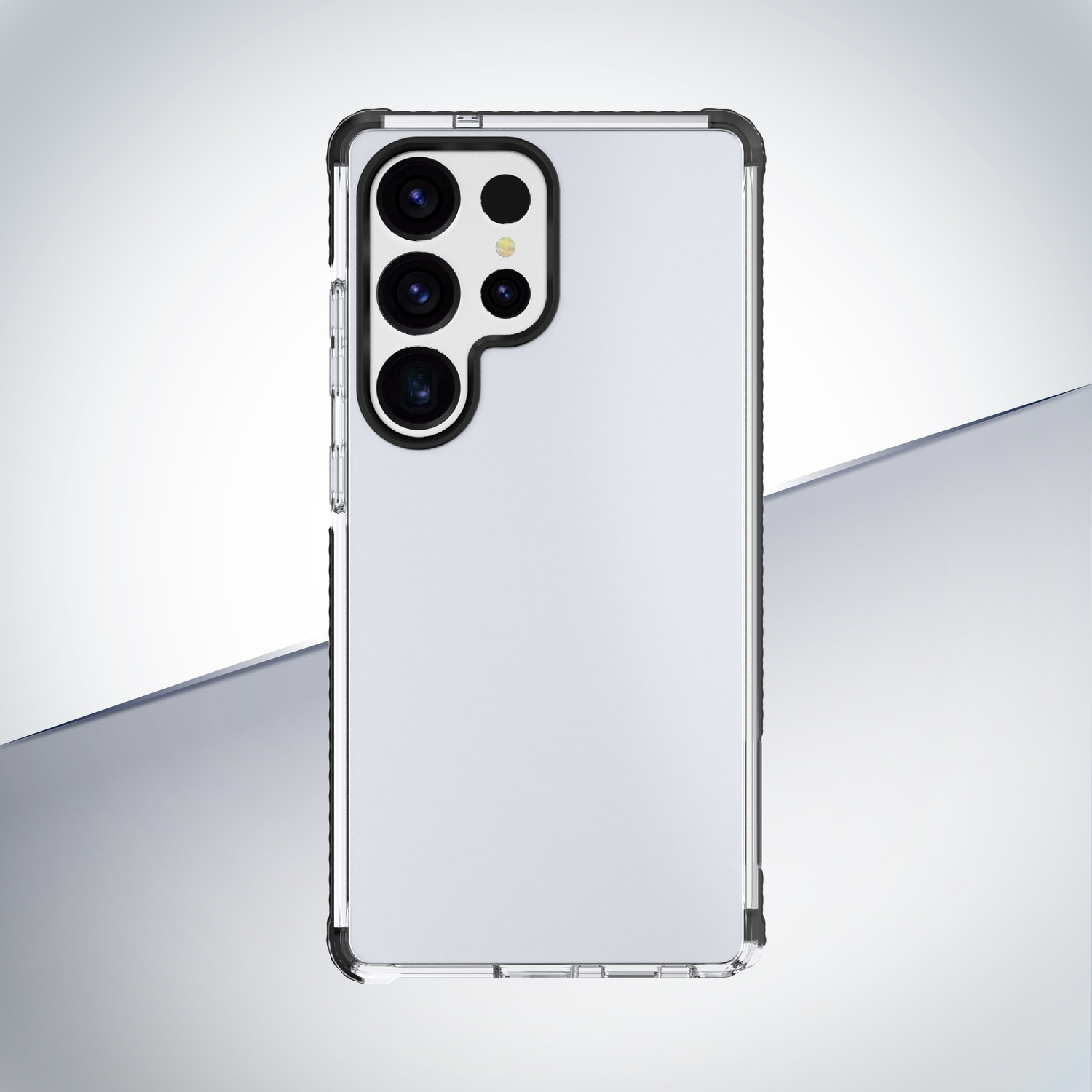 Una custodia trasparente per telefono con finiture nere che mostra un array di fotocamere posteriori.