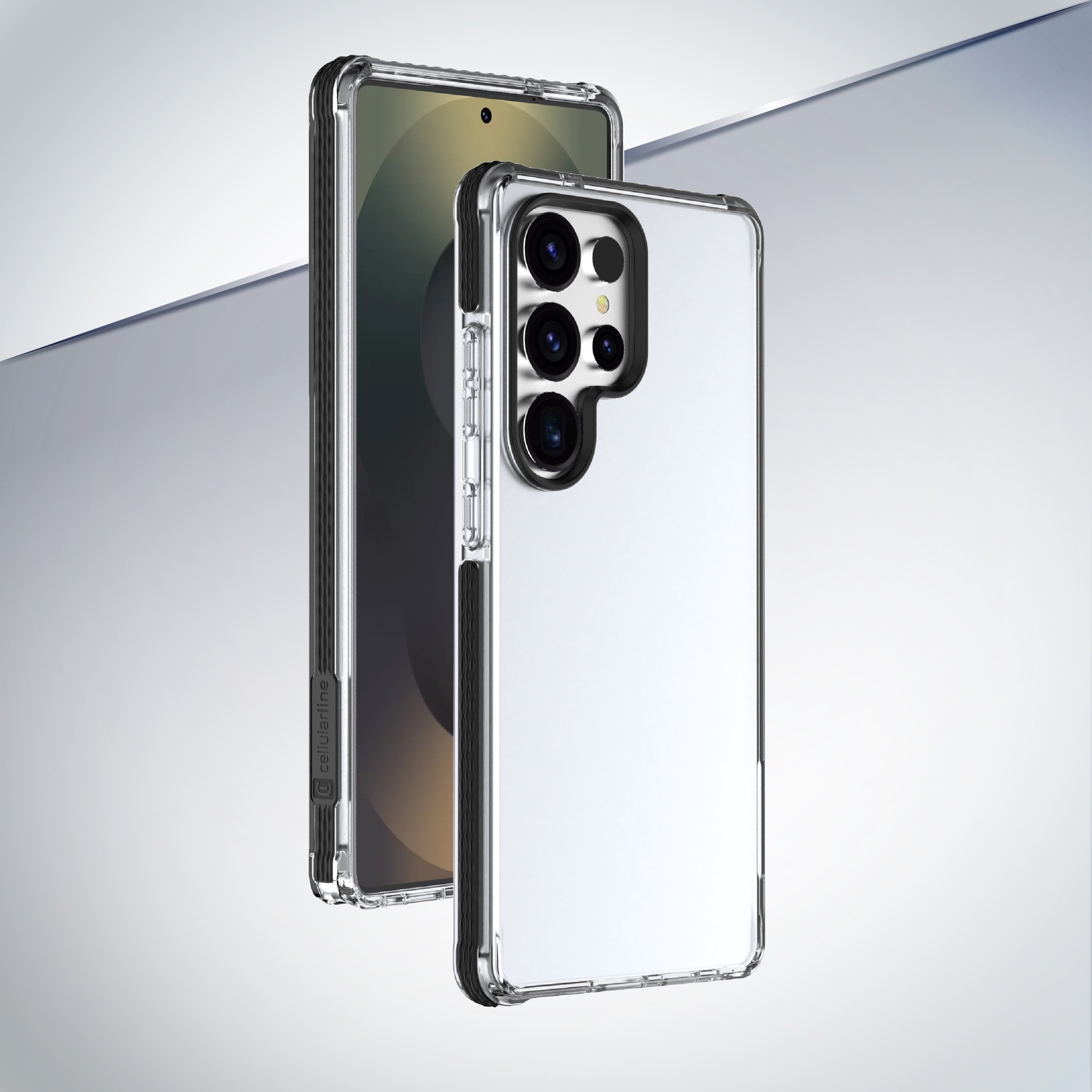 Due custodie trasparenti per telefono, una con un telefono, su sfondo grigio.