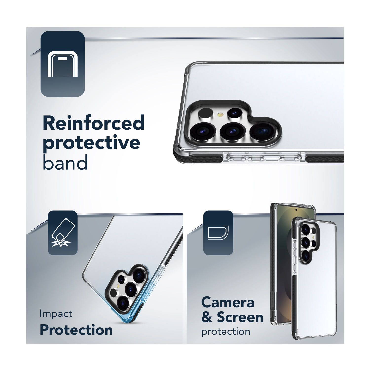 Custodia trasparente per telefono su sfondo bianco, mostra protezione fotocamera.