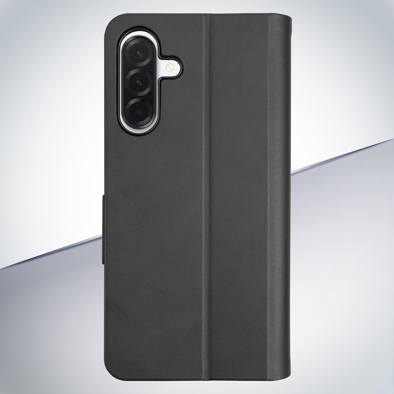 Custodia nera per telefono con tre obiettivi e flash sul retro.