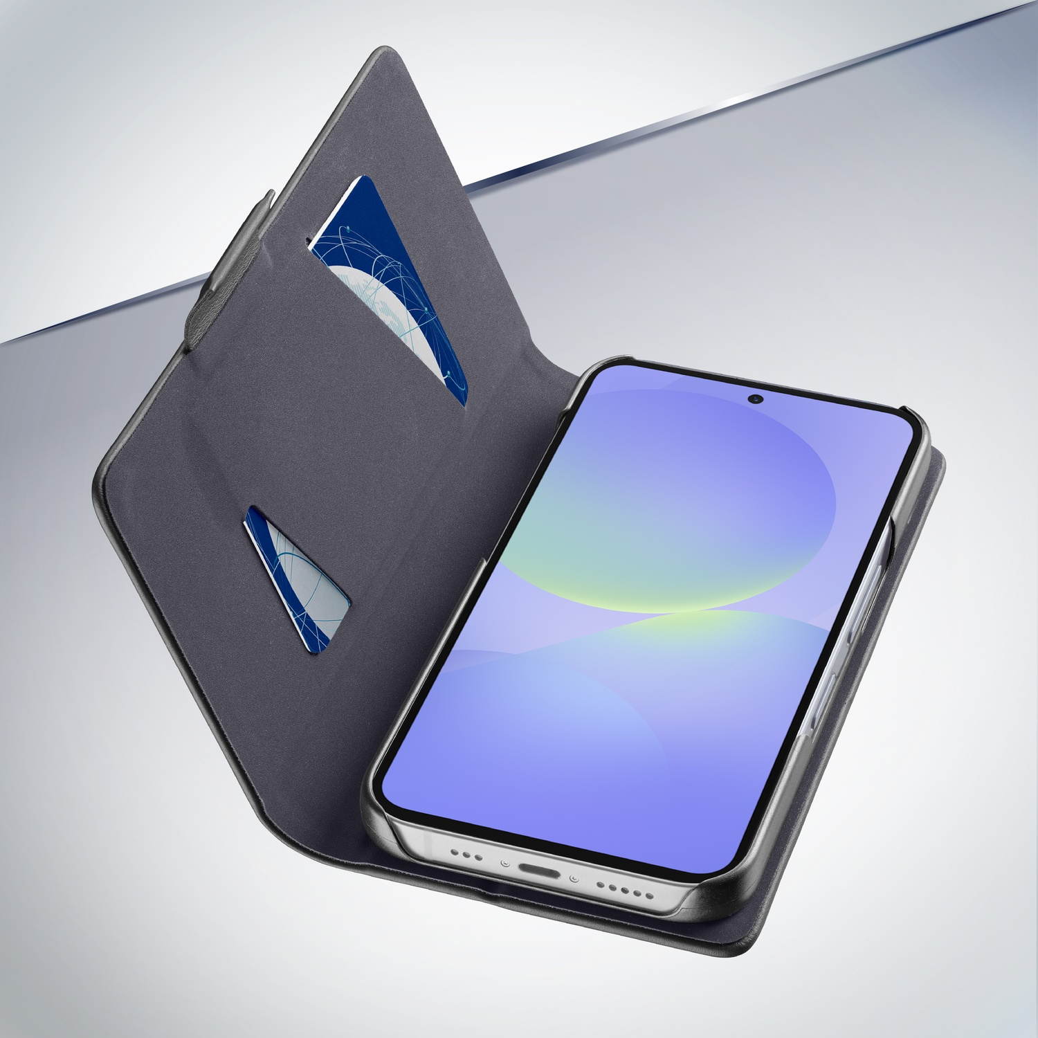 Custodia a libro grigia per telefono con slot per carte e uno smartphone con schermo blu.