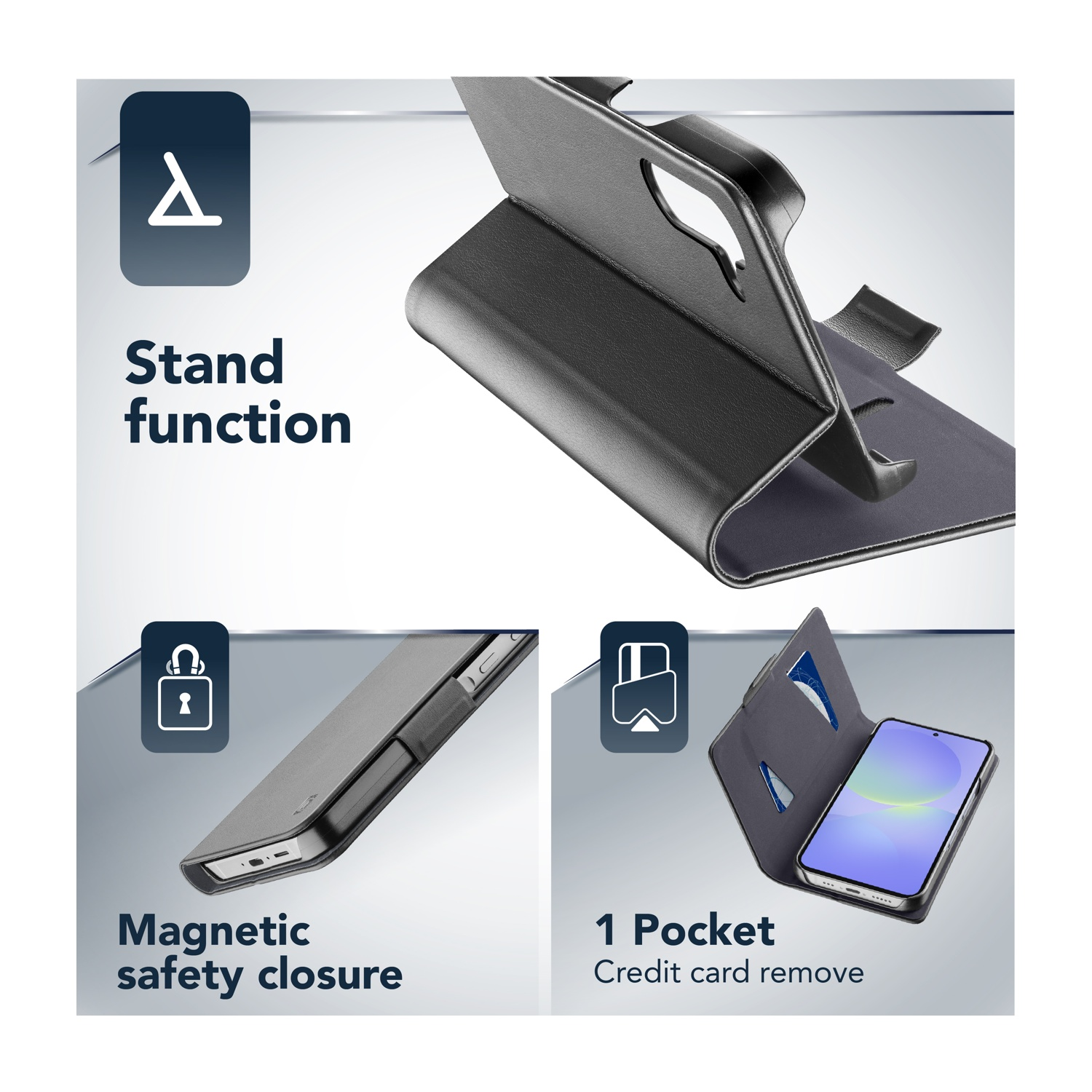 Custodia nera per telefono con funzione stand, chiusura magnetica e slot.