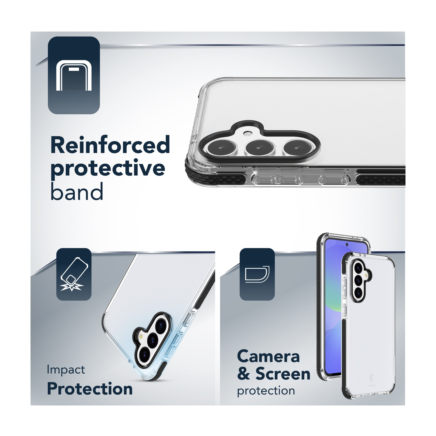 Custodia trasparente per telefono con banda rinforzata per protezione.