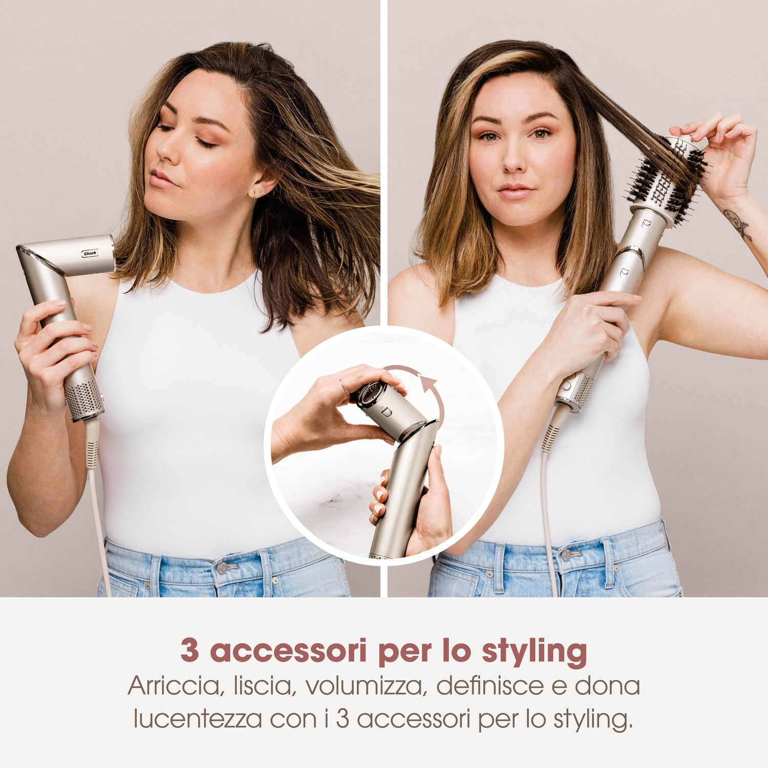 Donna che si acconcia i capelli con asciugacapelli Shark e accessori.