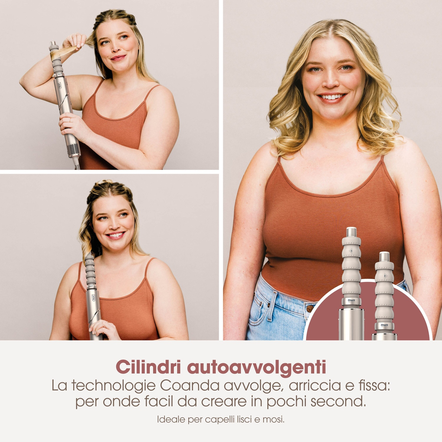 Donna acconcia i capelli con un ferro arricciacapelli argento.
