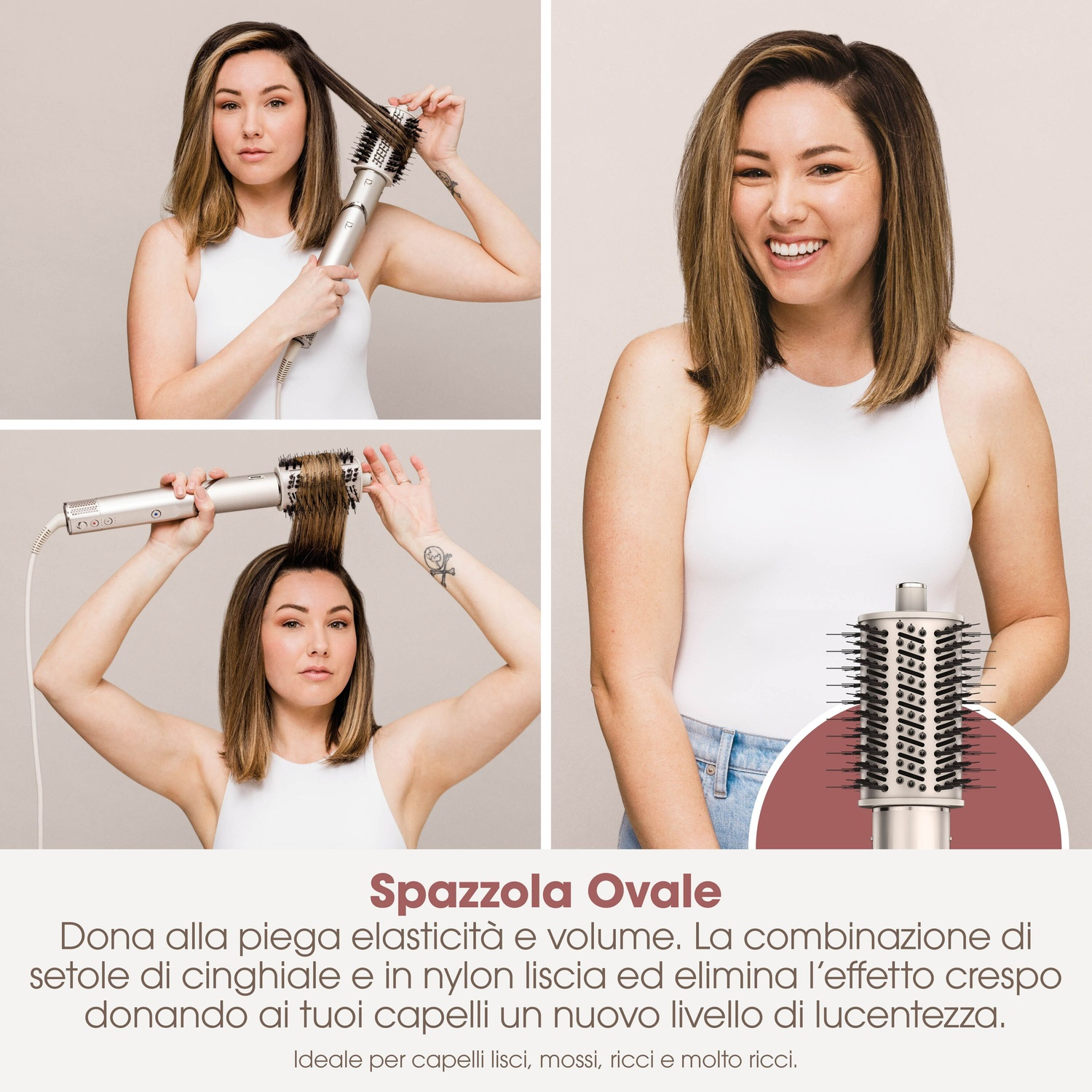 Donna pettina i capelli con una spazzola ovale per volume e lucentezza.