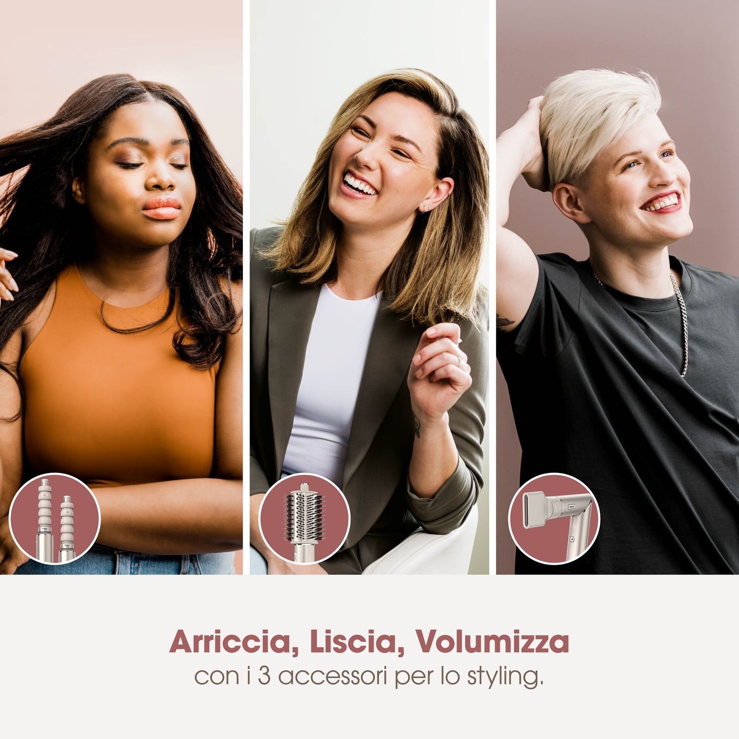 Tre donne con capelli diversi, tre accessori per styling.