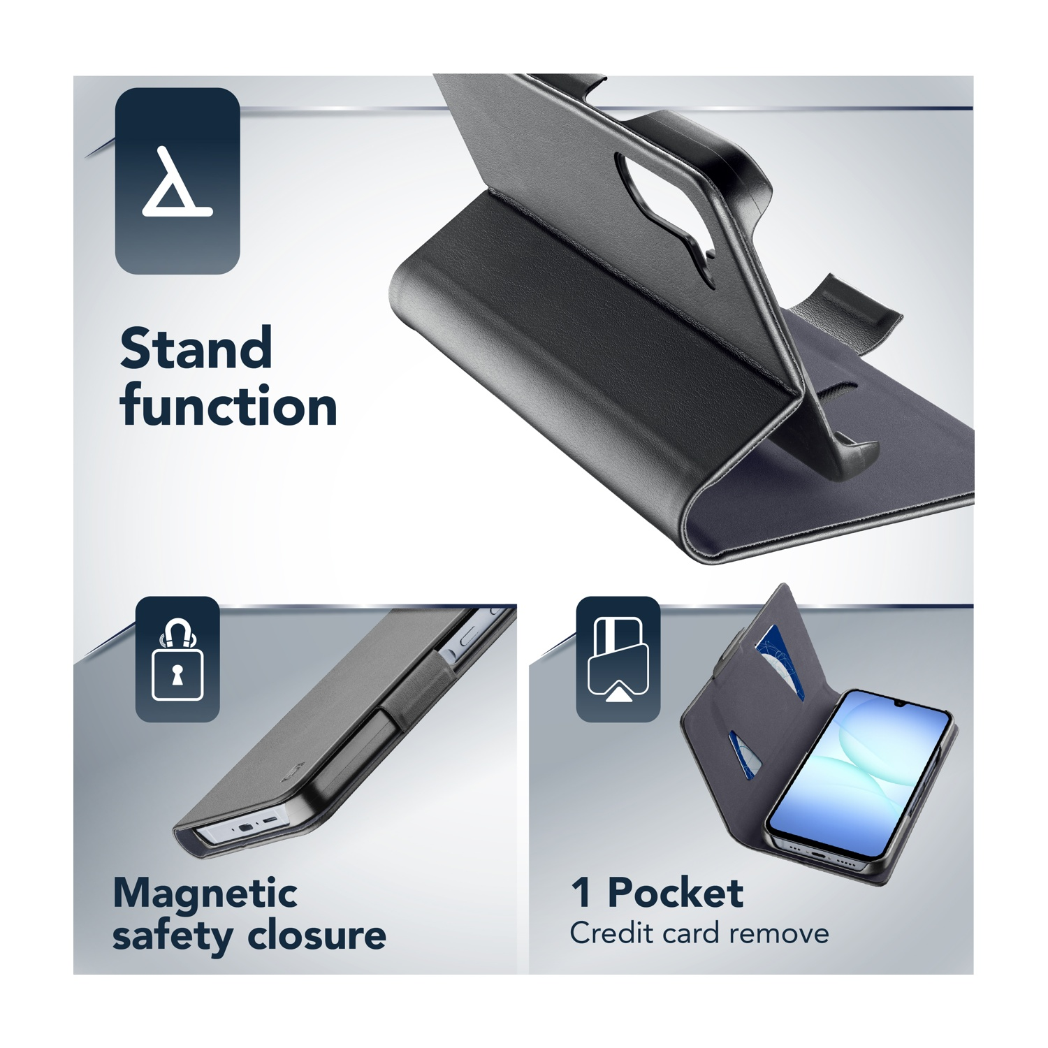Custodia nera per telefono con funzione stand, chiusura magnetica e tasca.
