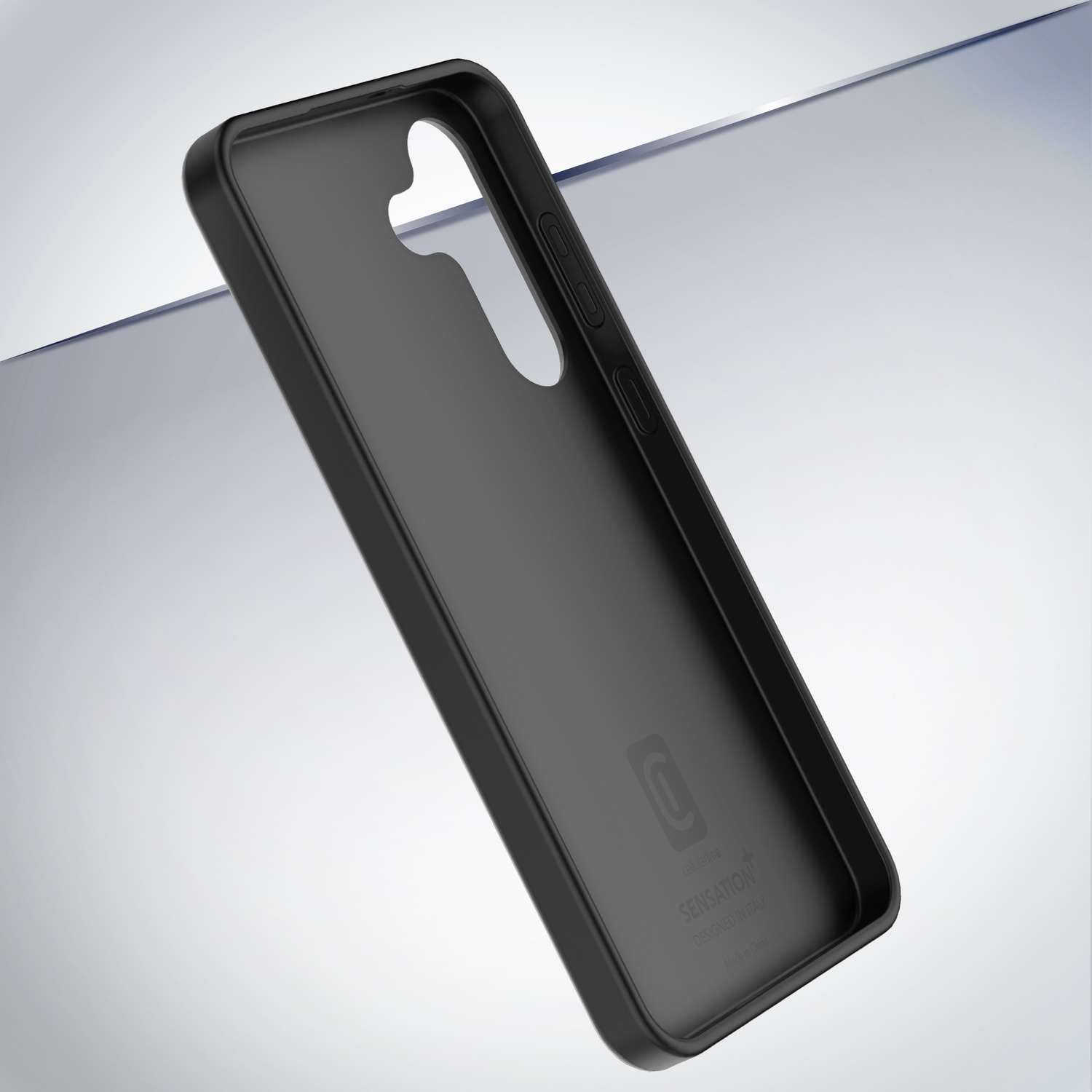Custodia nera per telefono con ritagli per fotocamera e pulsanti.
