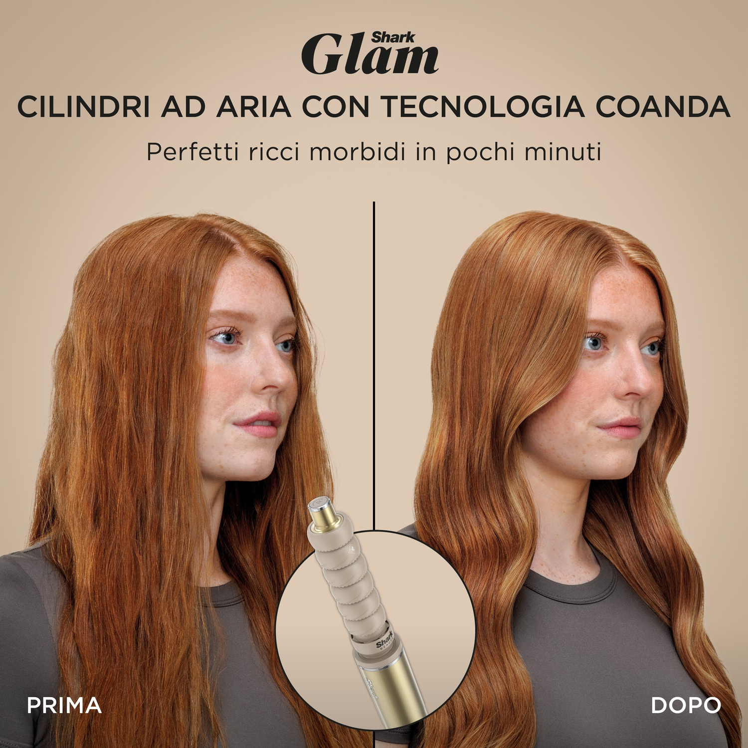 Confronto prima/dopo di una donna con capelli rossi, che mostra uno strumento per arricciare.