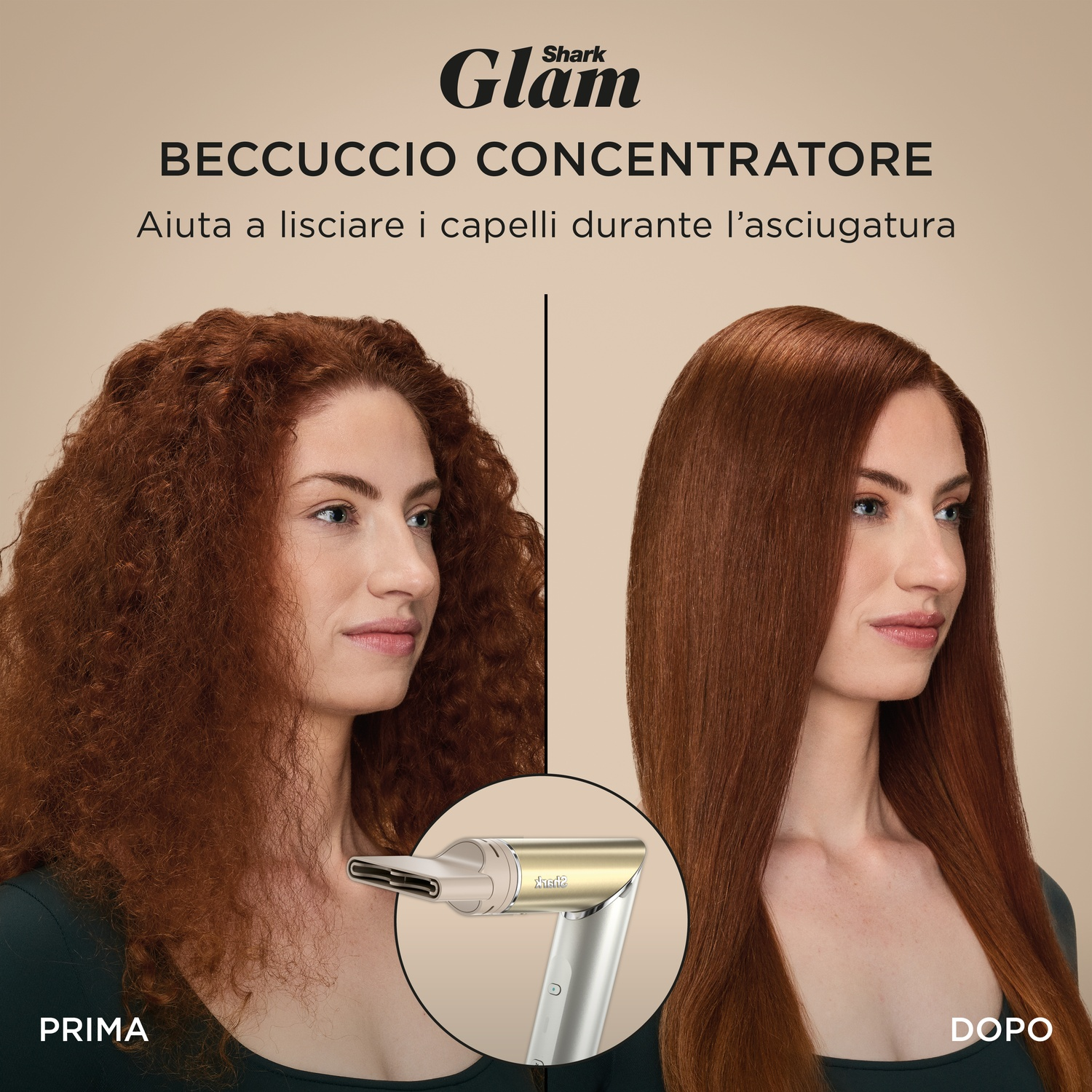 Prima: Capelli rossi ricci. Dopo: Capelli rossi lisci. Mostra bocchetta asciugacapelli.