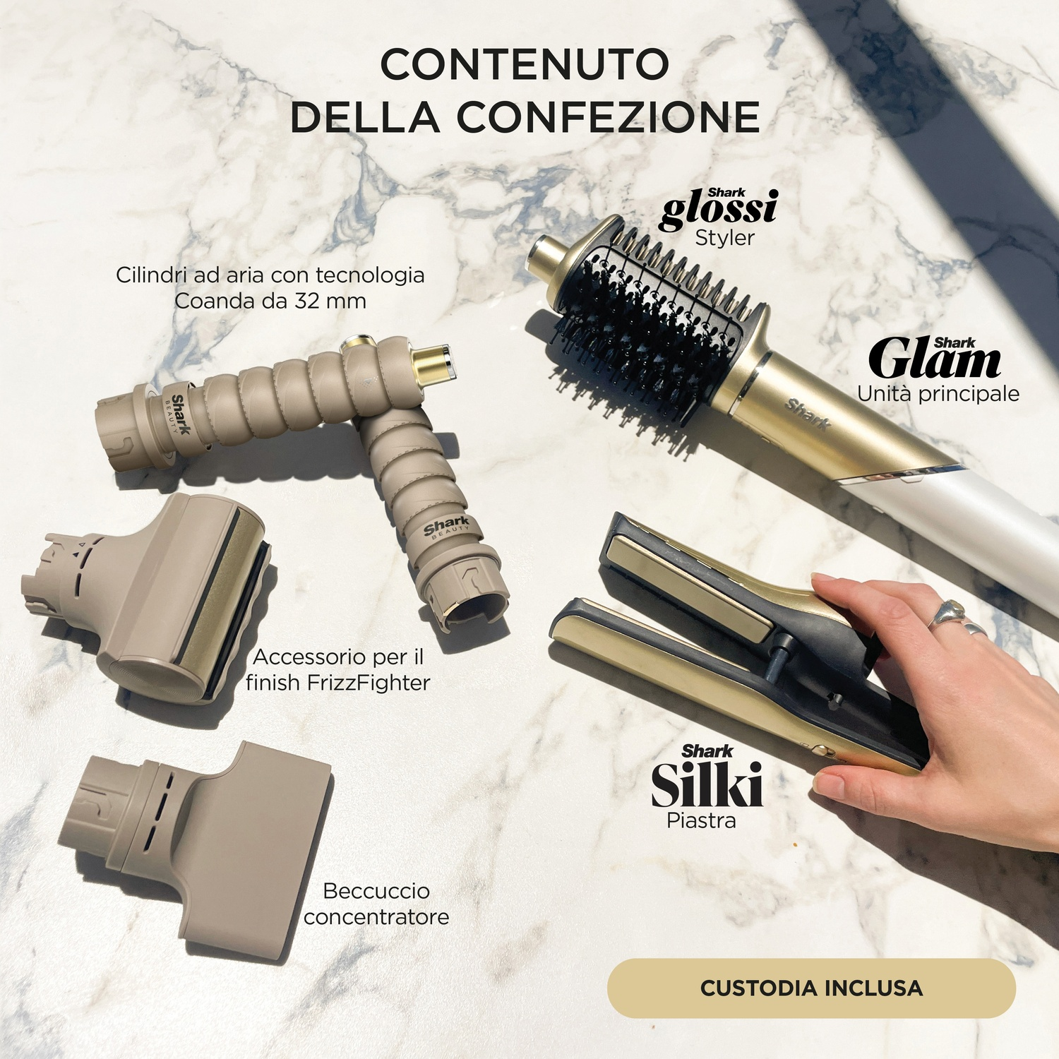 Strumenti per capelli Shark: unità styler, cilindri ad aria, piastra, accessori.