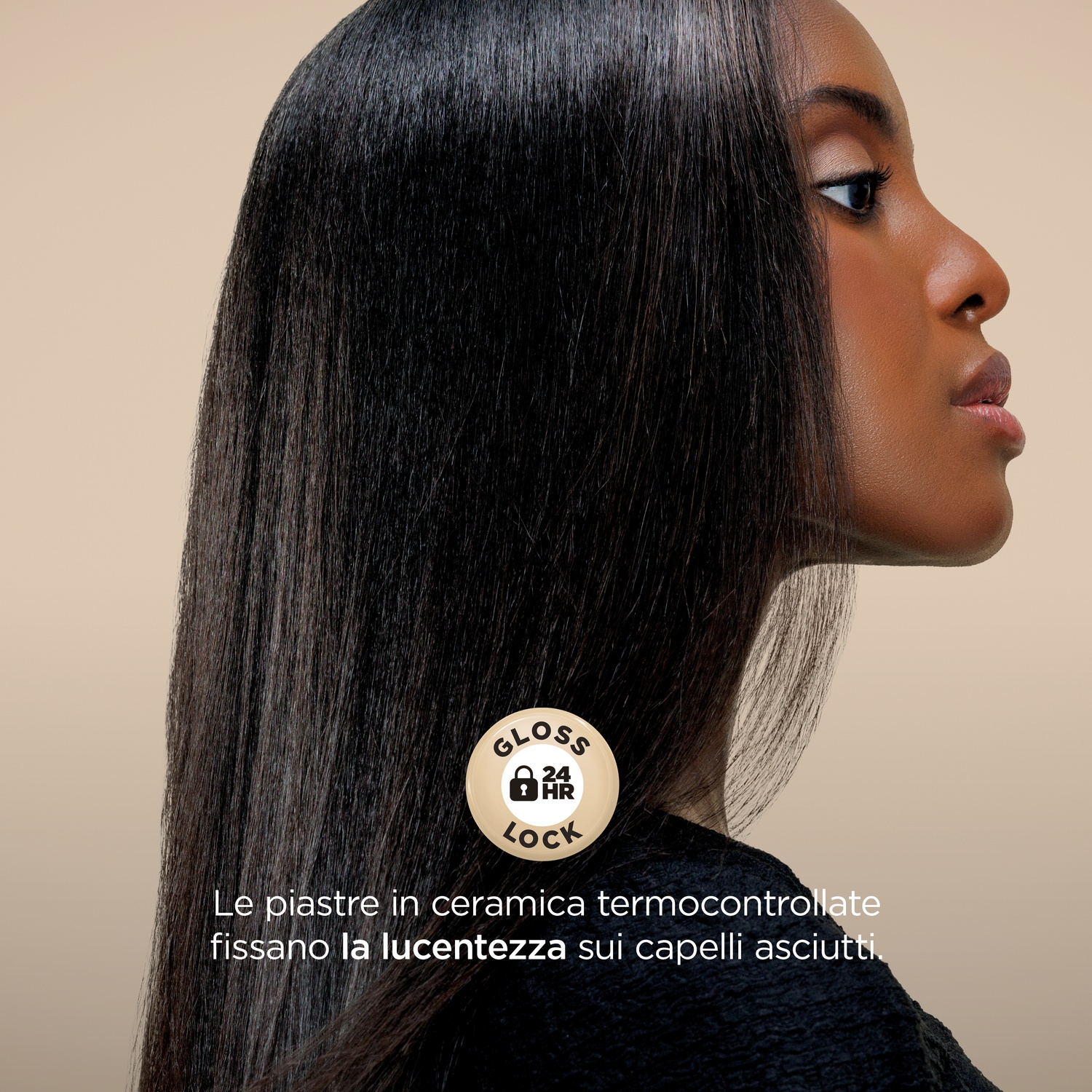Profilo di donna con lunghi capelli neri e sigillo di lucentezza 24h.
