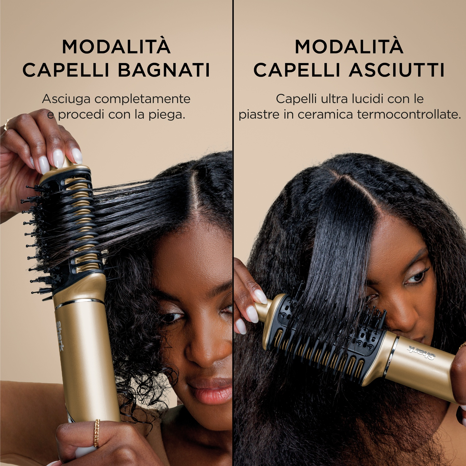 Due donne si sistemano i capelli con spazzole dorate su sfondo beige.
