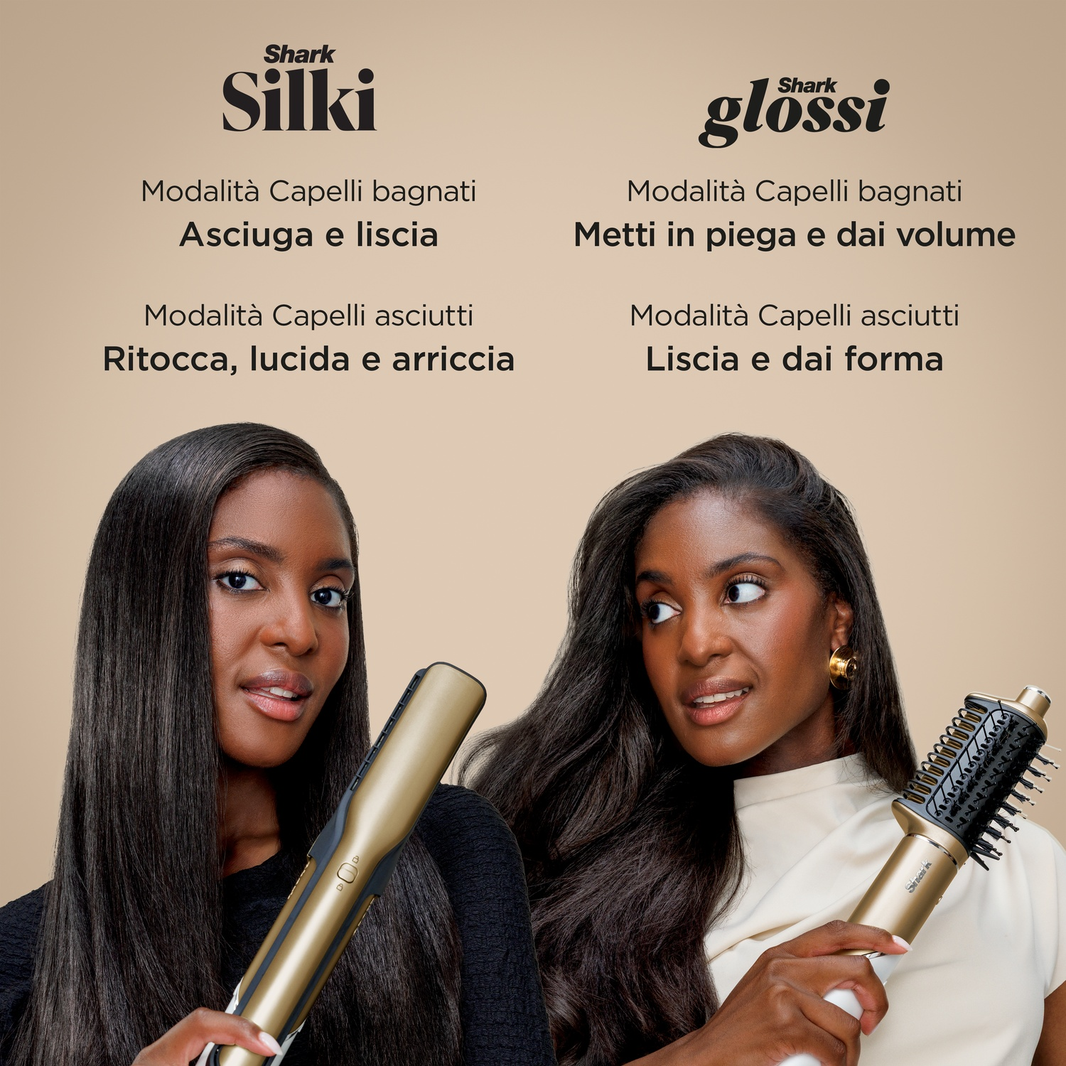 Due donne con capelli lunghi tengono strumenti per lo styling Shark.