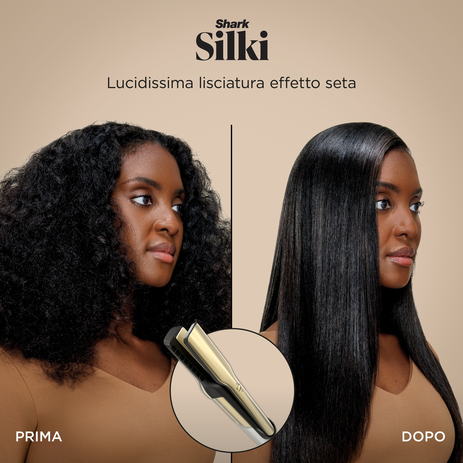 Prima e dopo: capelli ricci trasformati in capelli lisci e lucenti.