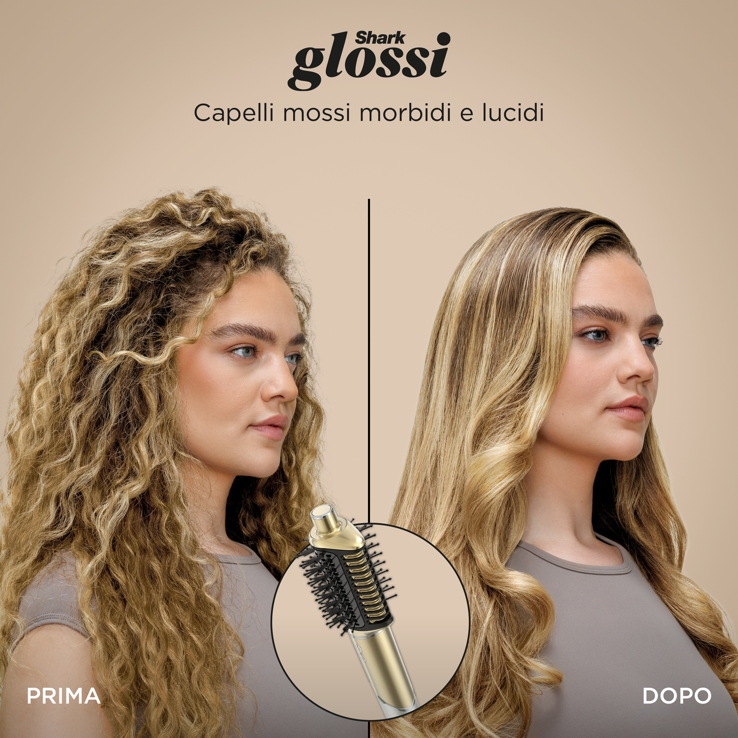 Confronto prima e dopo capelli acconciati da ricci a lisci.