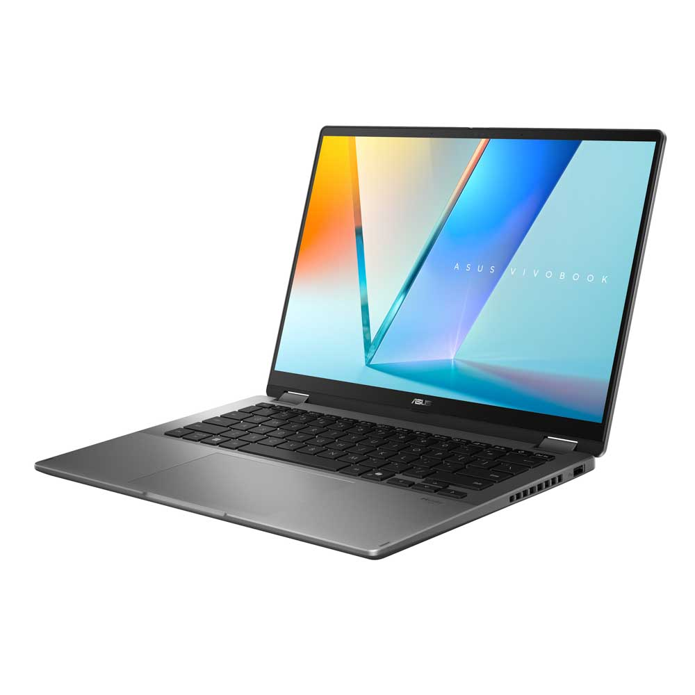 ASUS Vivobook logosunu gösteren açık ekranlı gümüş rengi bir dizüstü bilgisayar.