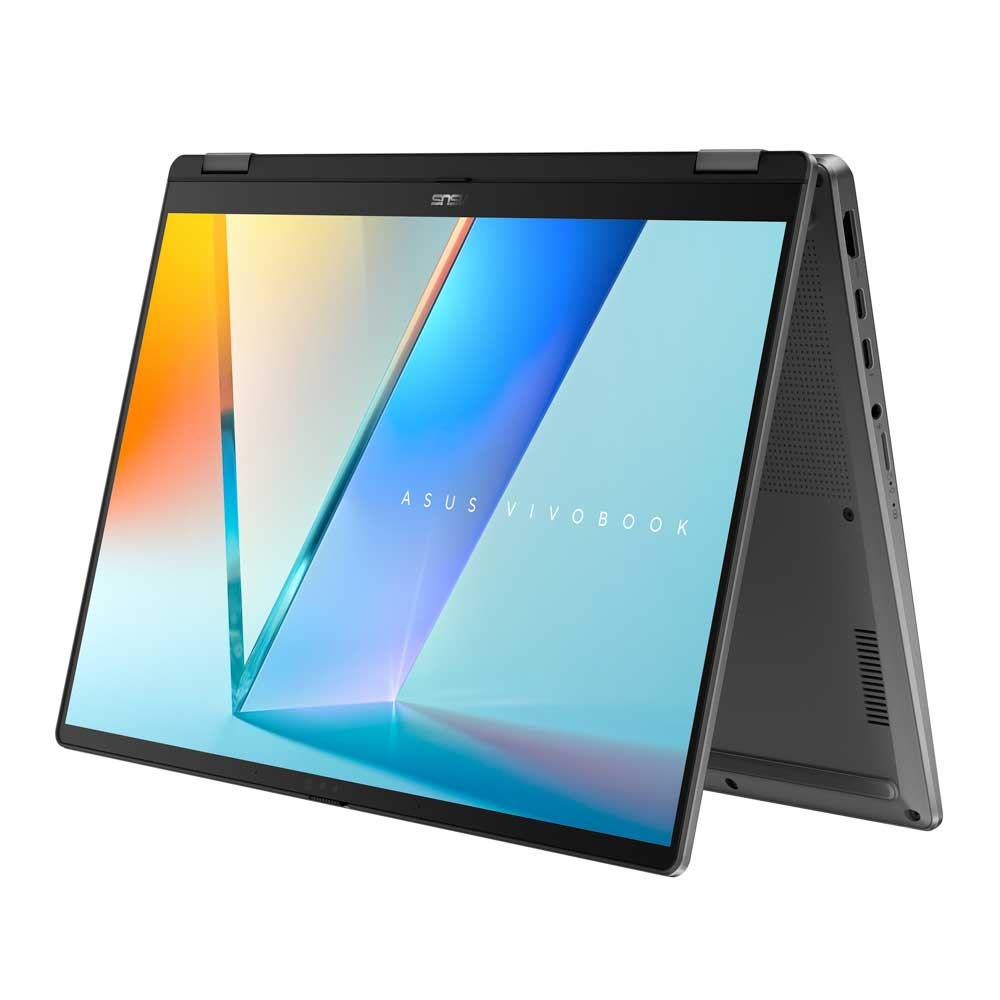 Ekranında stilize edilmiş renkli arka plana sahip açık gri Asus Vivobook dizüstü bilgisayar.