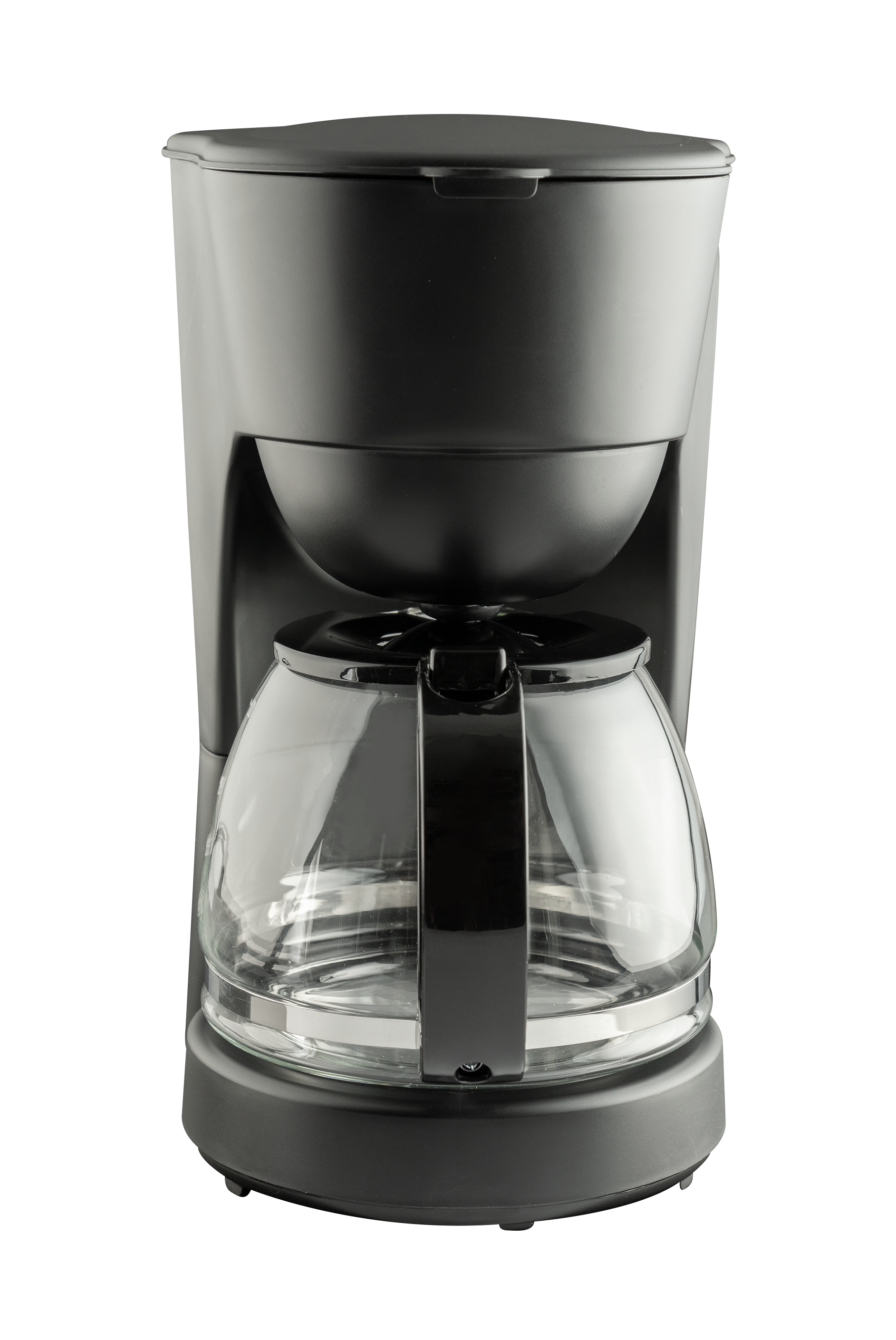 Czarny ekspres do kawy ze szklanym dzbankiem, ujęcie studyjne na czarnym tle.