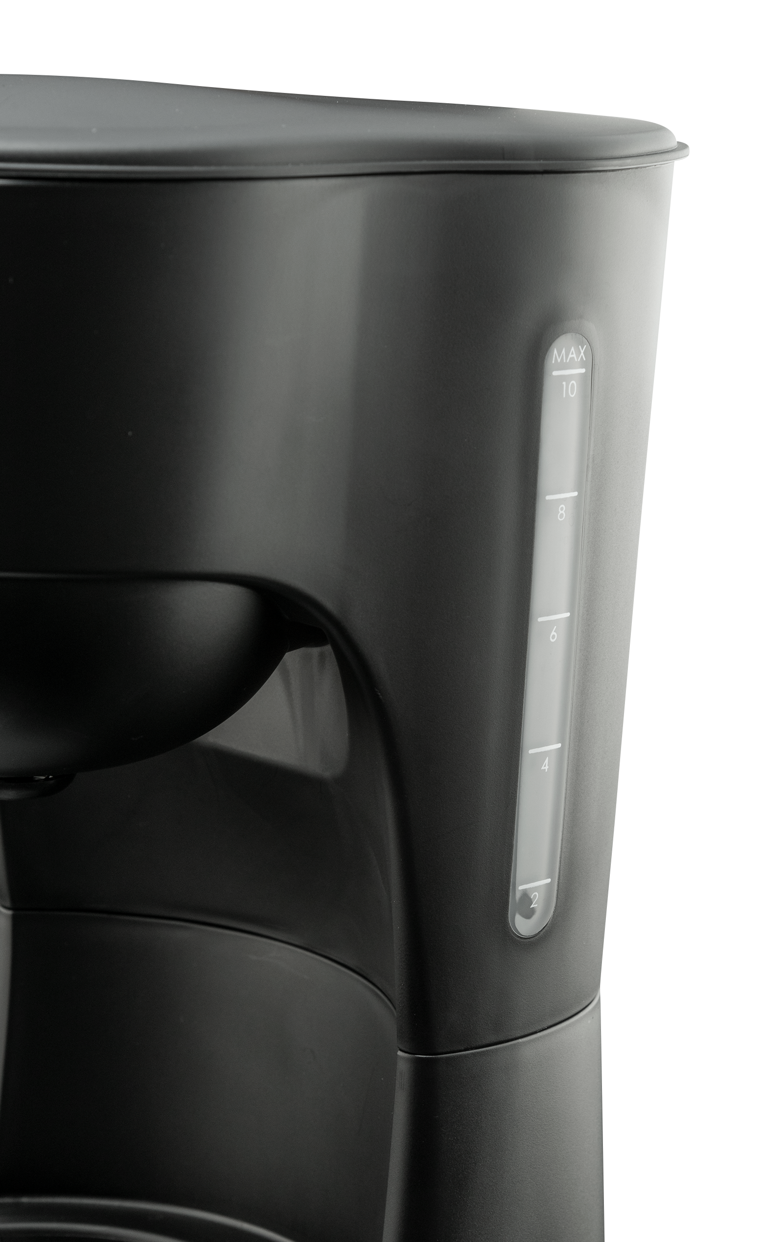 Zbliżenie czarnego ekspresu do kawy ze wskaźnikiem poziomu wody od 2 do 10.