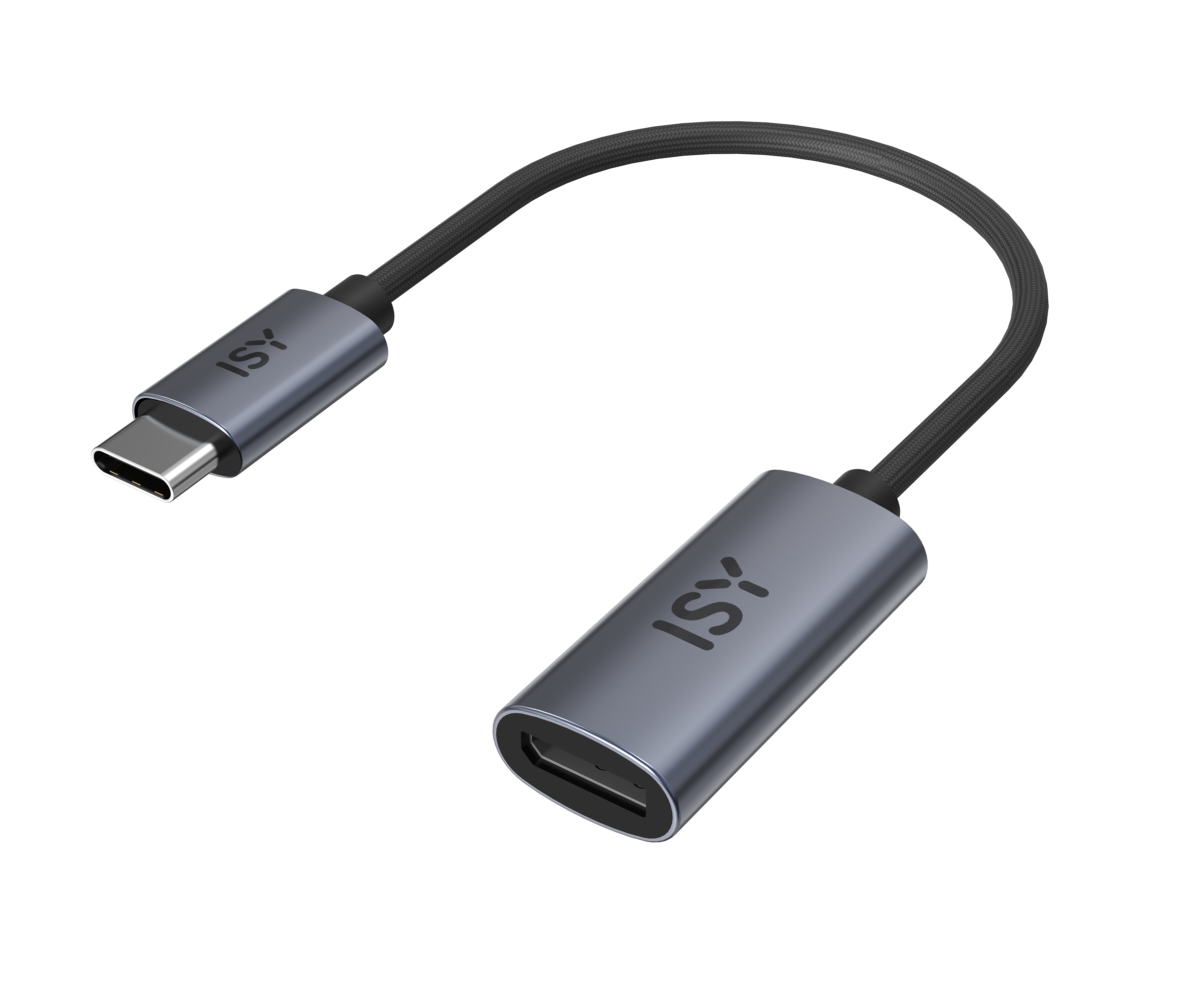 Szary adapter USB-C z czarnym kablem, na czarnym tle.