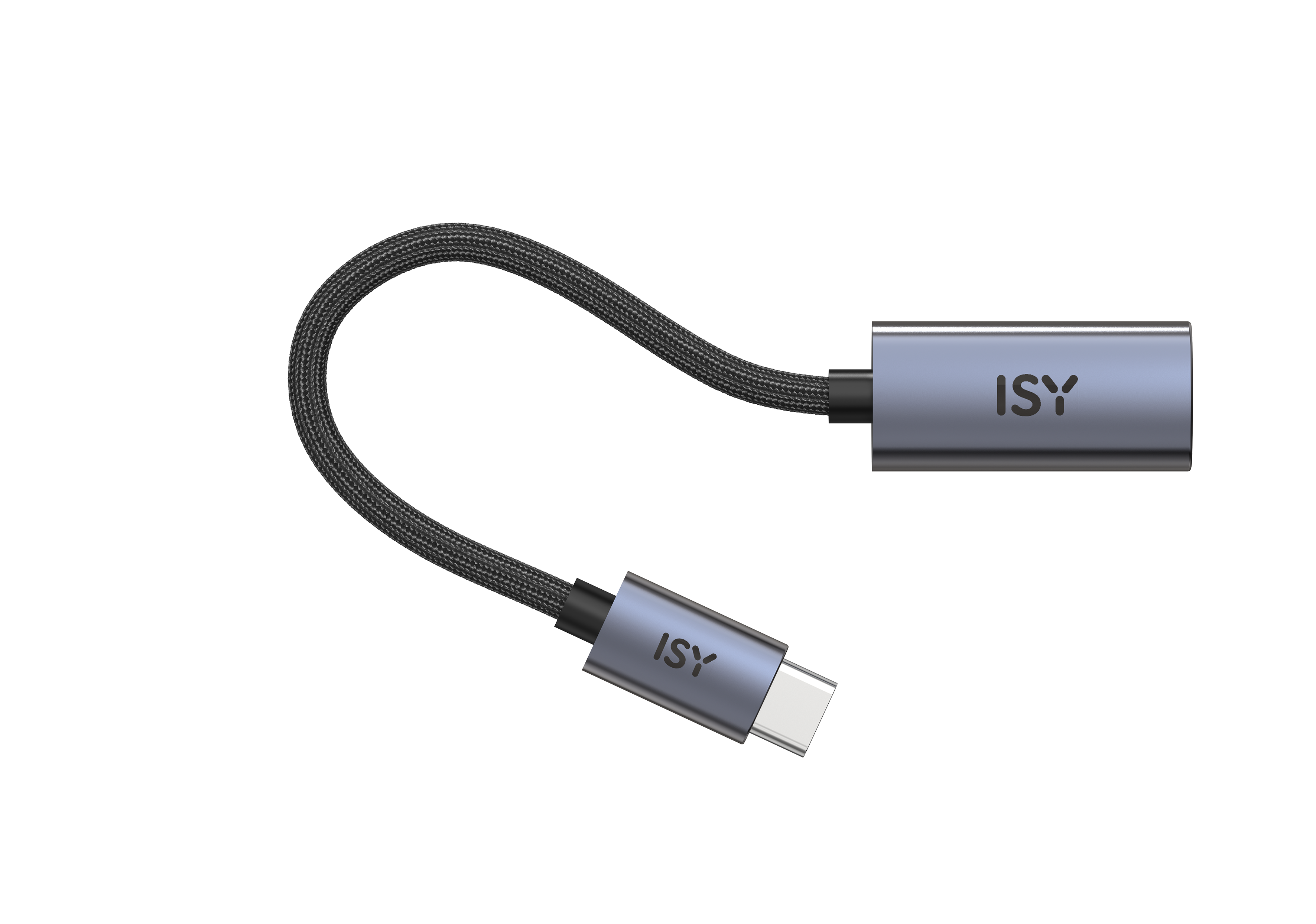 Szary kabel ISY USB-C z plecionym oplotem leży na czarnym tle.