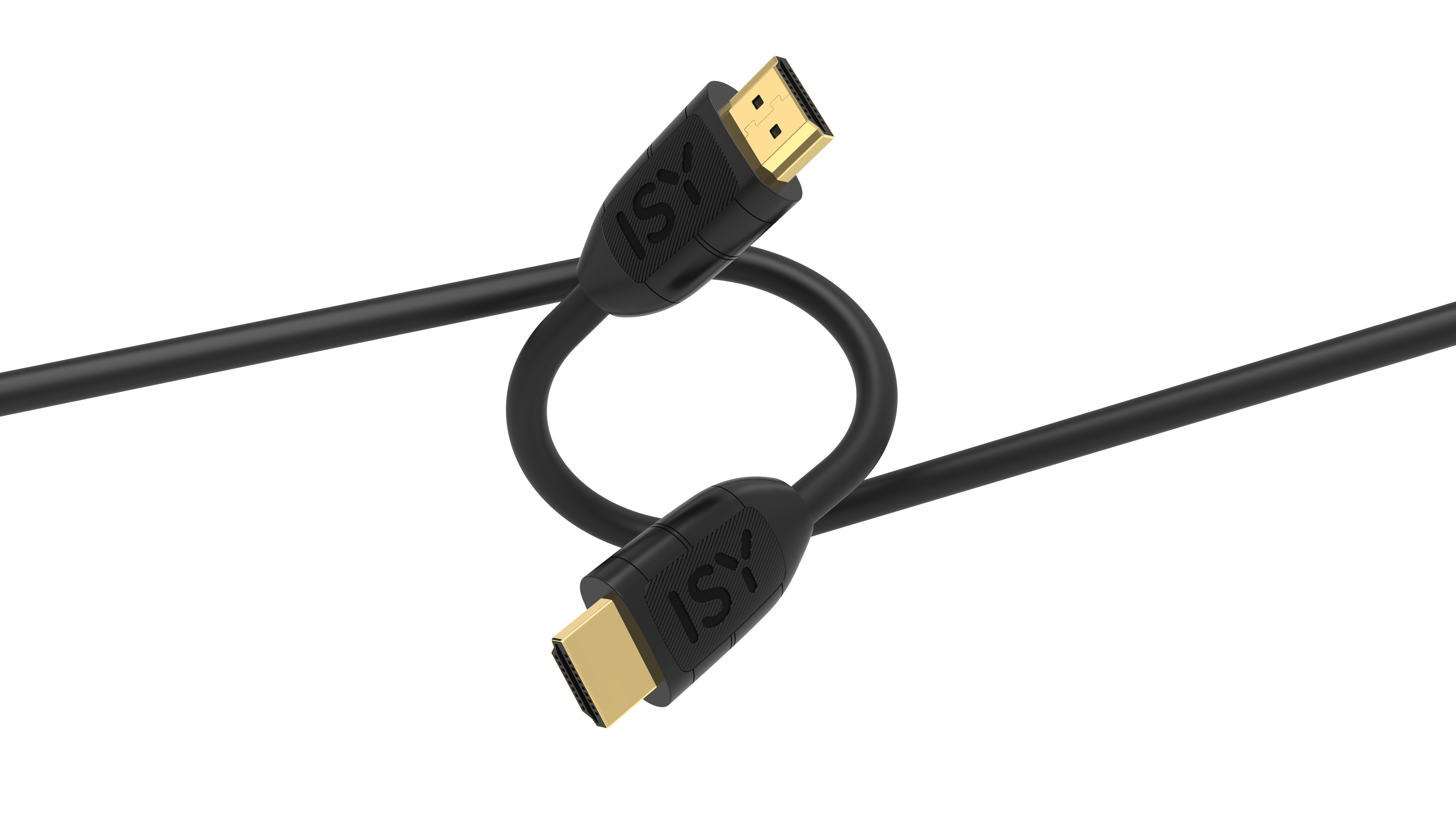 Czarny kabel HDMI ze złotymi złączami, leżący na białym tle.